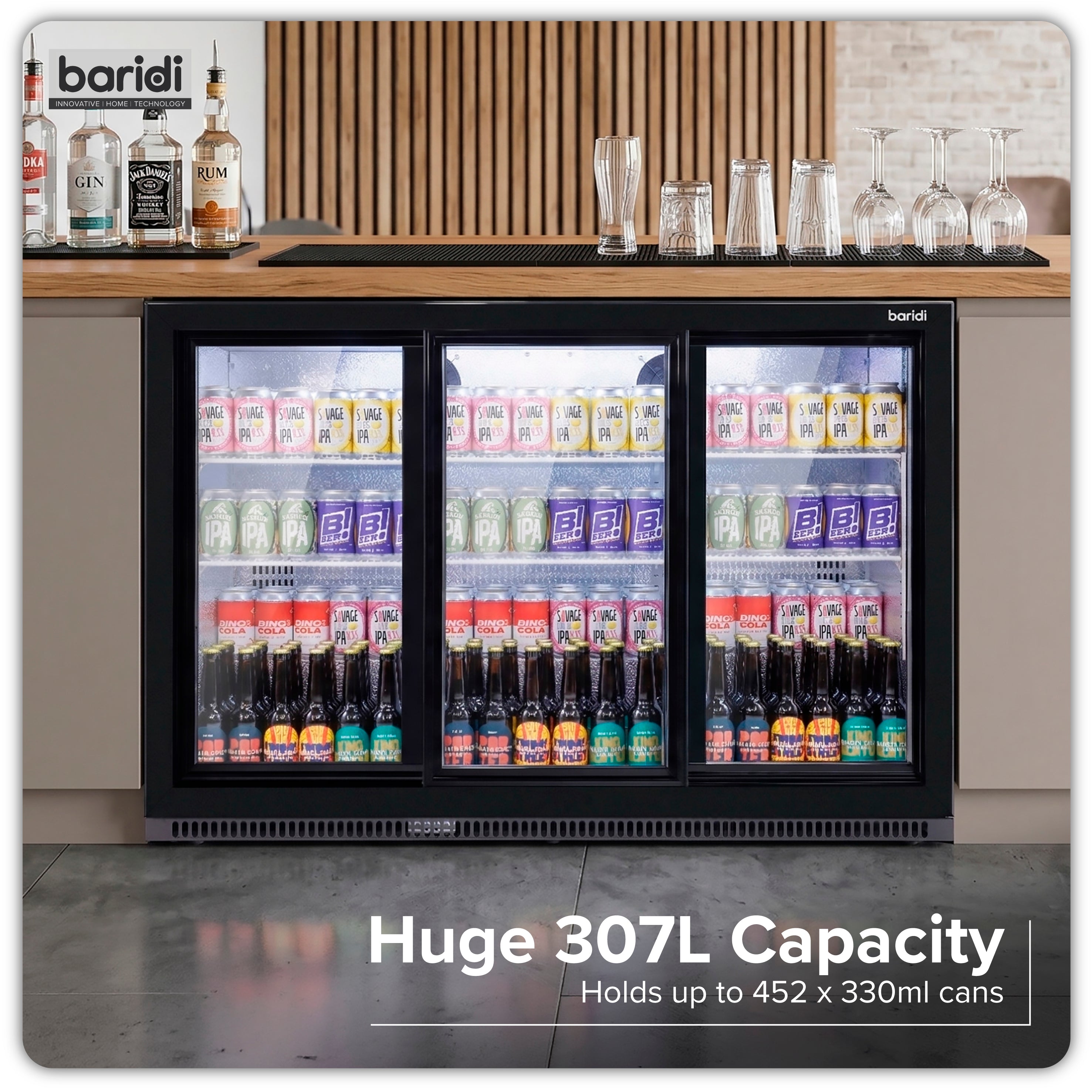 Baridi Back Bar Drinks Fridge/Cooler with Triple Sliding Door 307L, Black – DH337