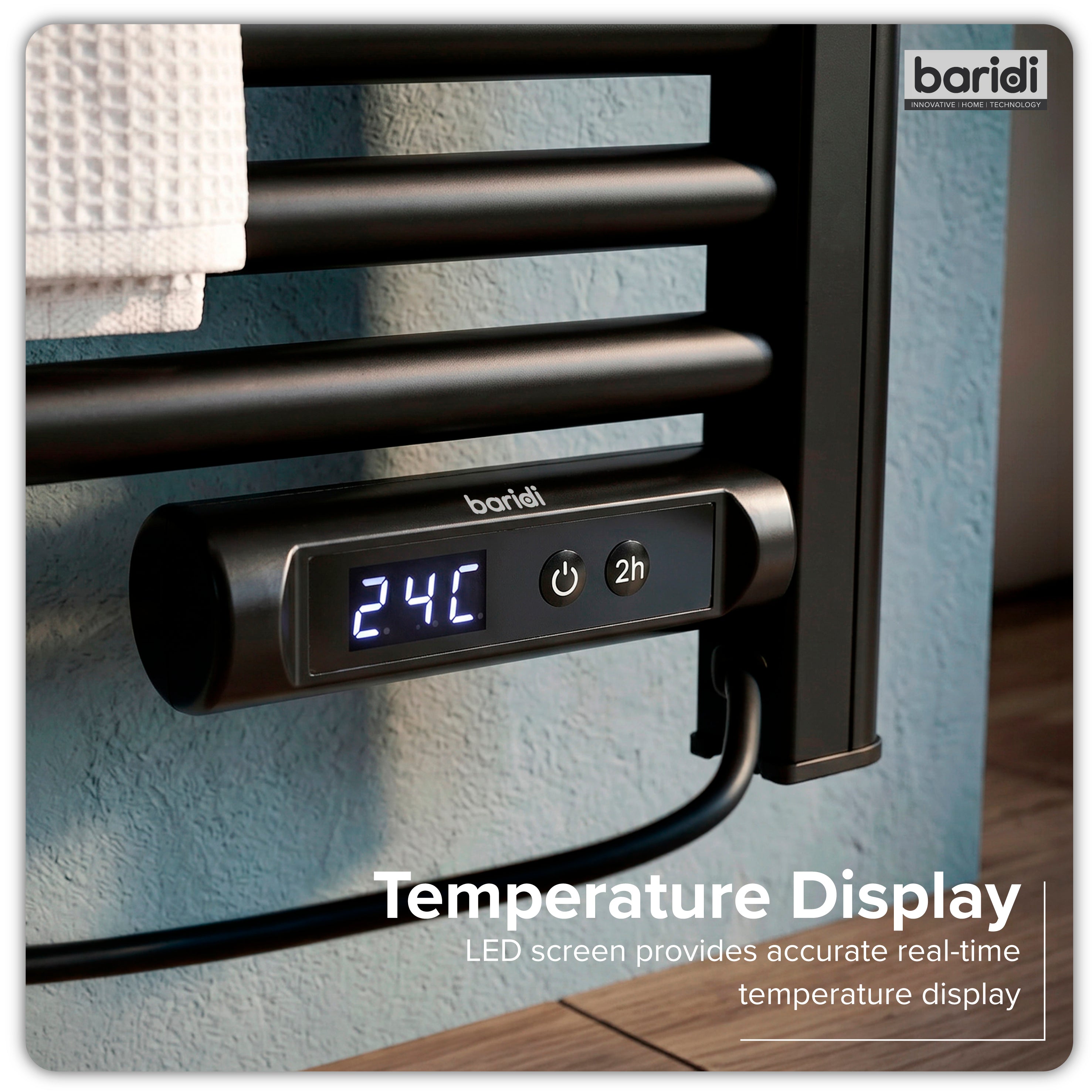 Baridi Electric Heated Towel Rail with LED Display, Black - DH371