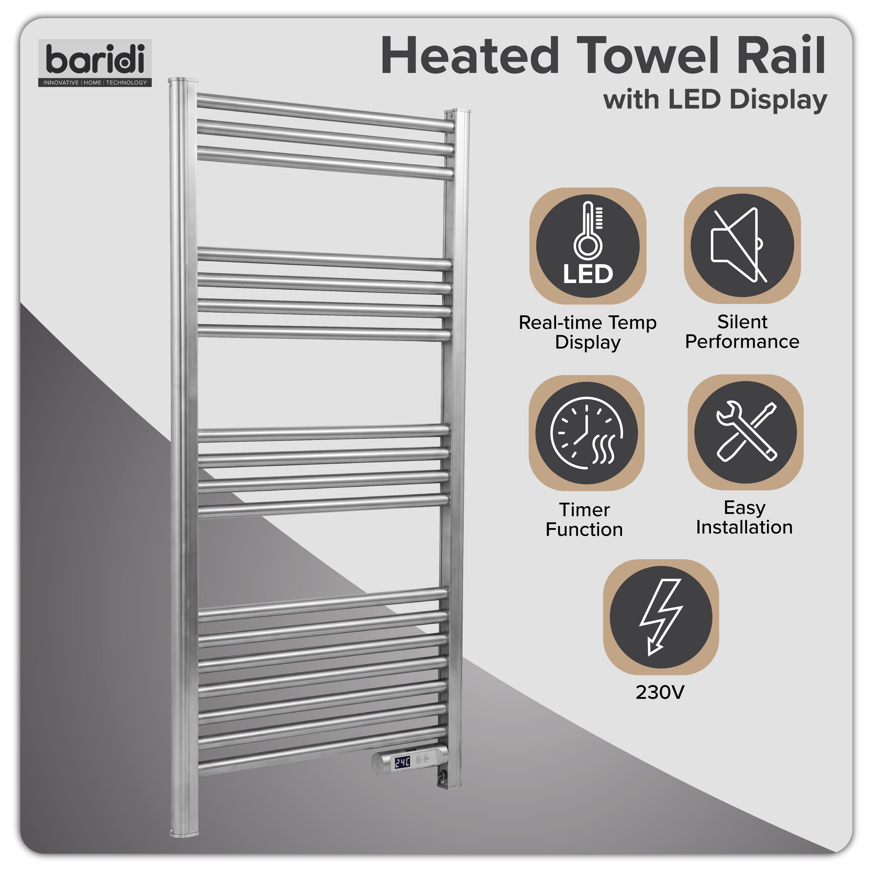 Baridi Electric Heated Towel Rail with LED Display, Silver - DH372