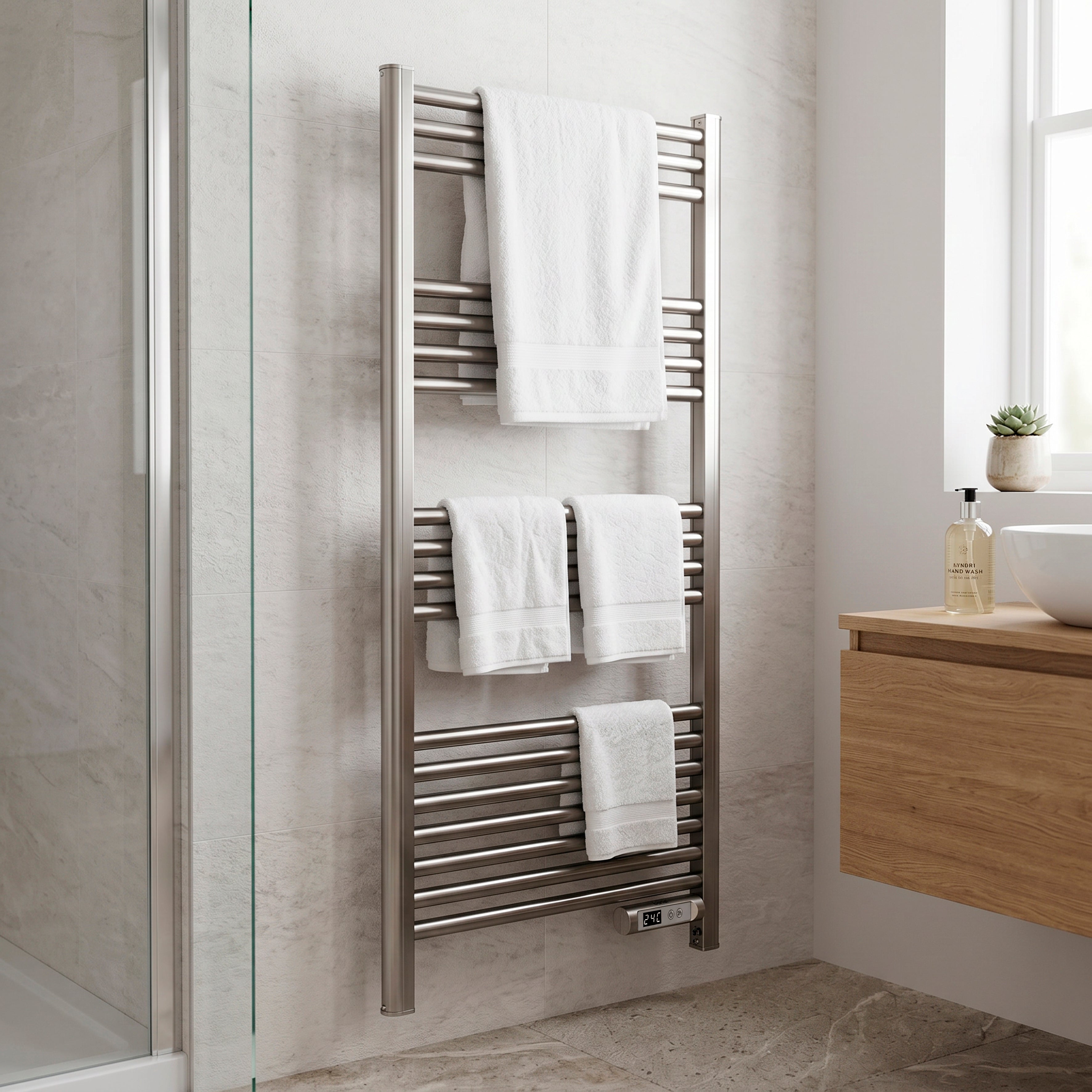 Baridi Electric Heated Towel Rail with LED Display, Silver - DH372