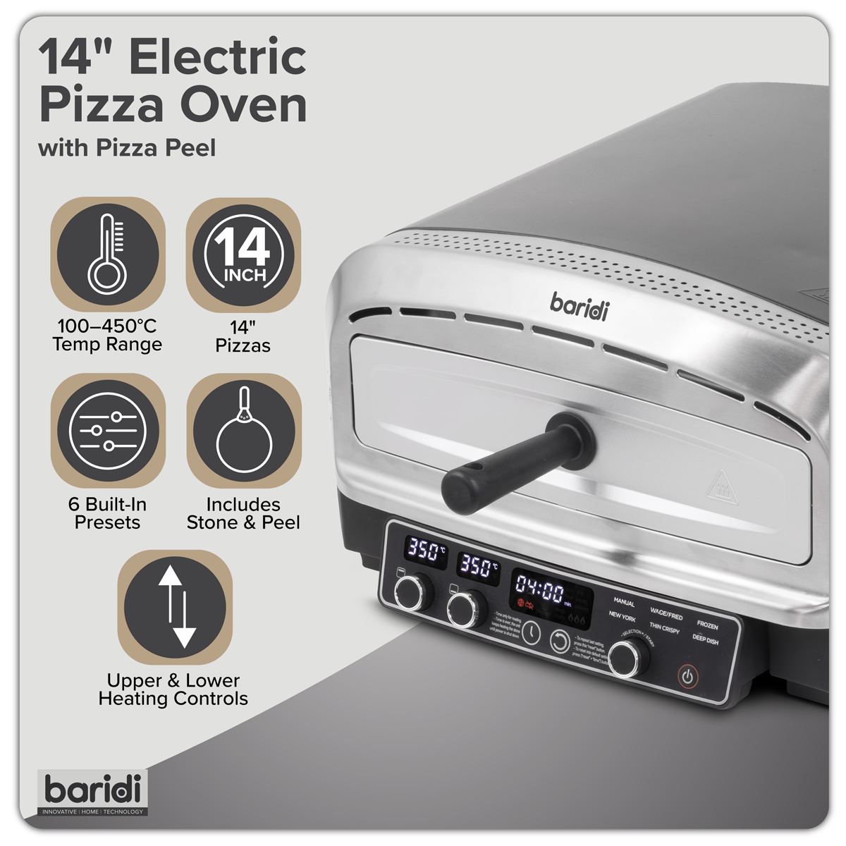 Baridi Electric Pizza Oven 14" with Pizza Peel, Black/Stainless Steel - DH377