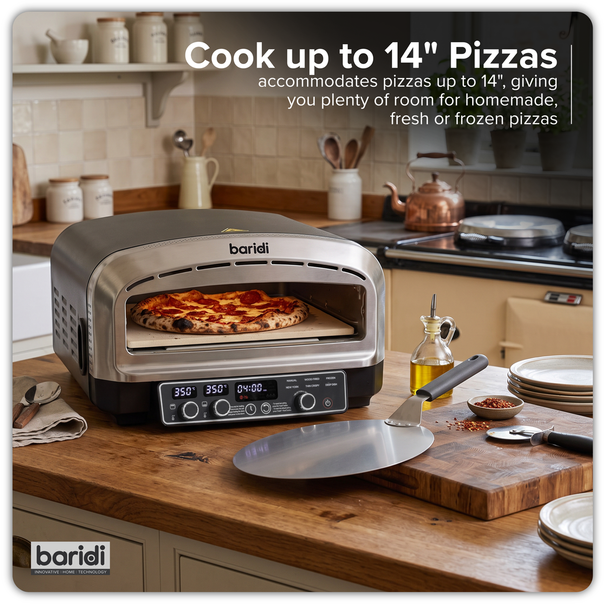 Baridi Electric Pizza Oven 14" with Pizza Peel, Black/Stainless Steel - DH377
