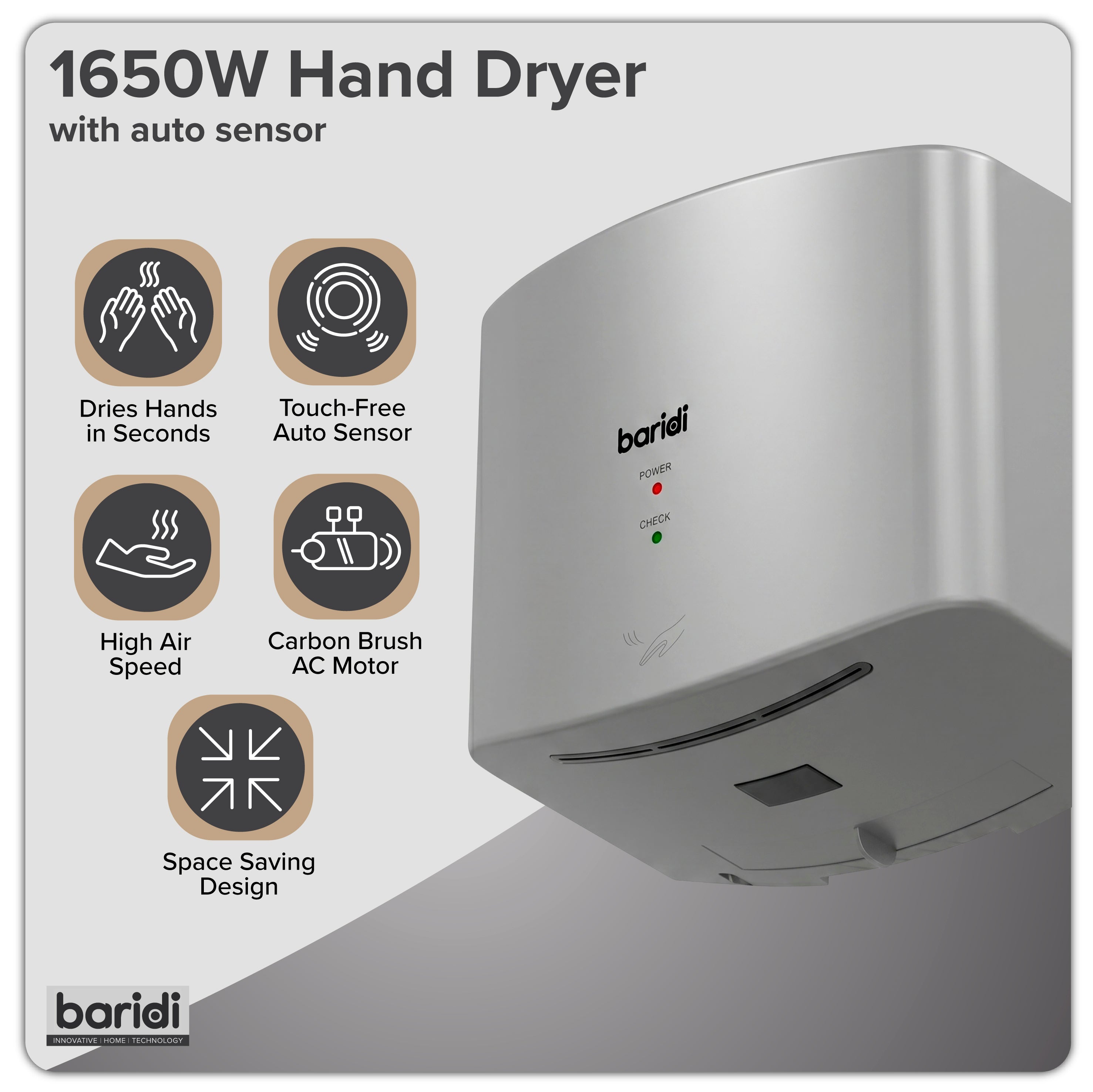 Baridi High Speed Hand Dryer with Auto-Sensor 1400-1650W, Silver - DH379