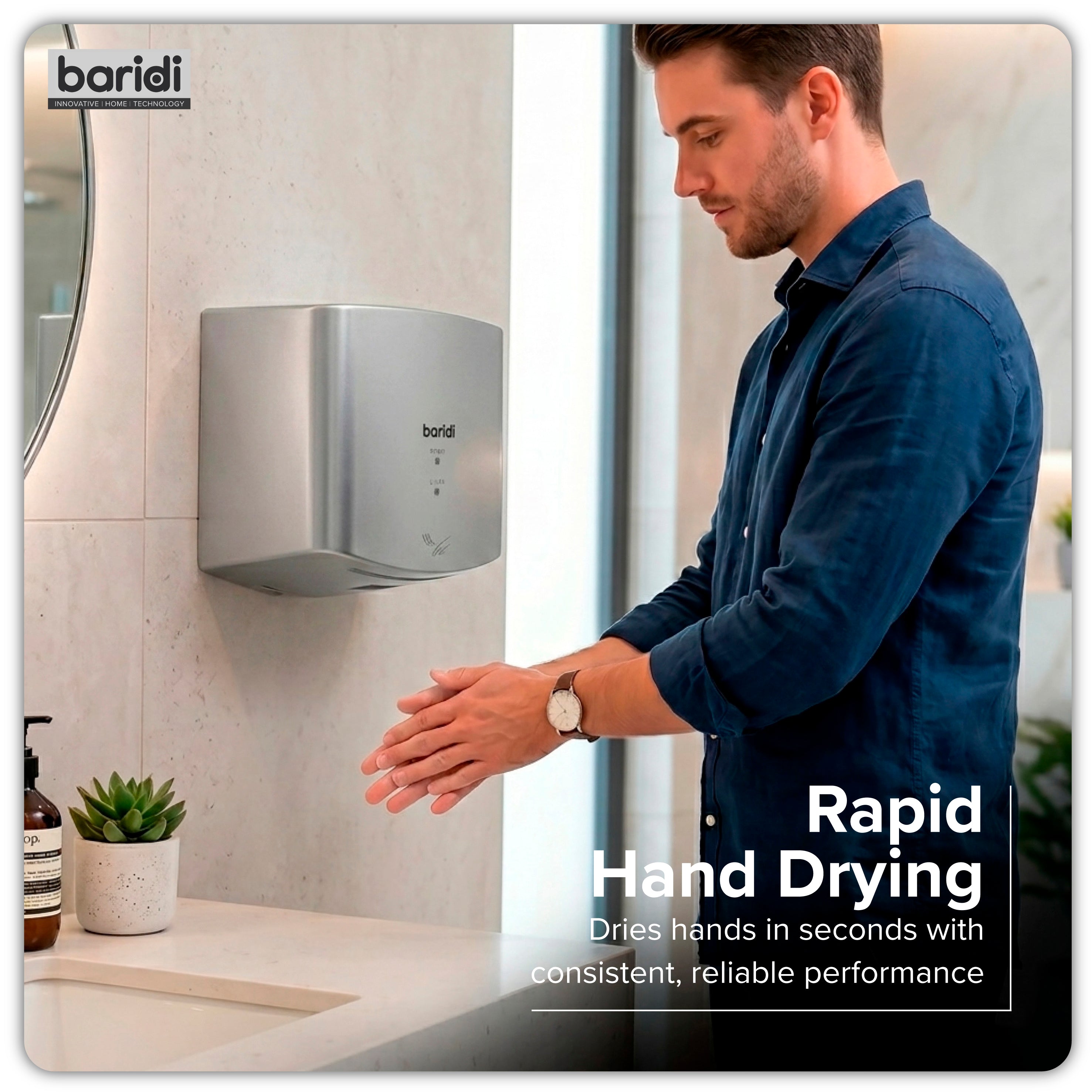 Baridi High Speed Hand Dryer with Auto-Sensor 1400-1650W, Silver - DH379