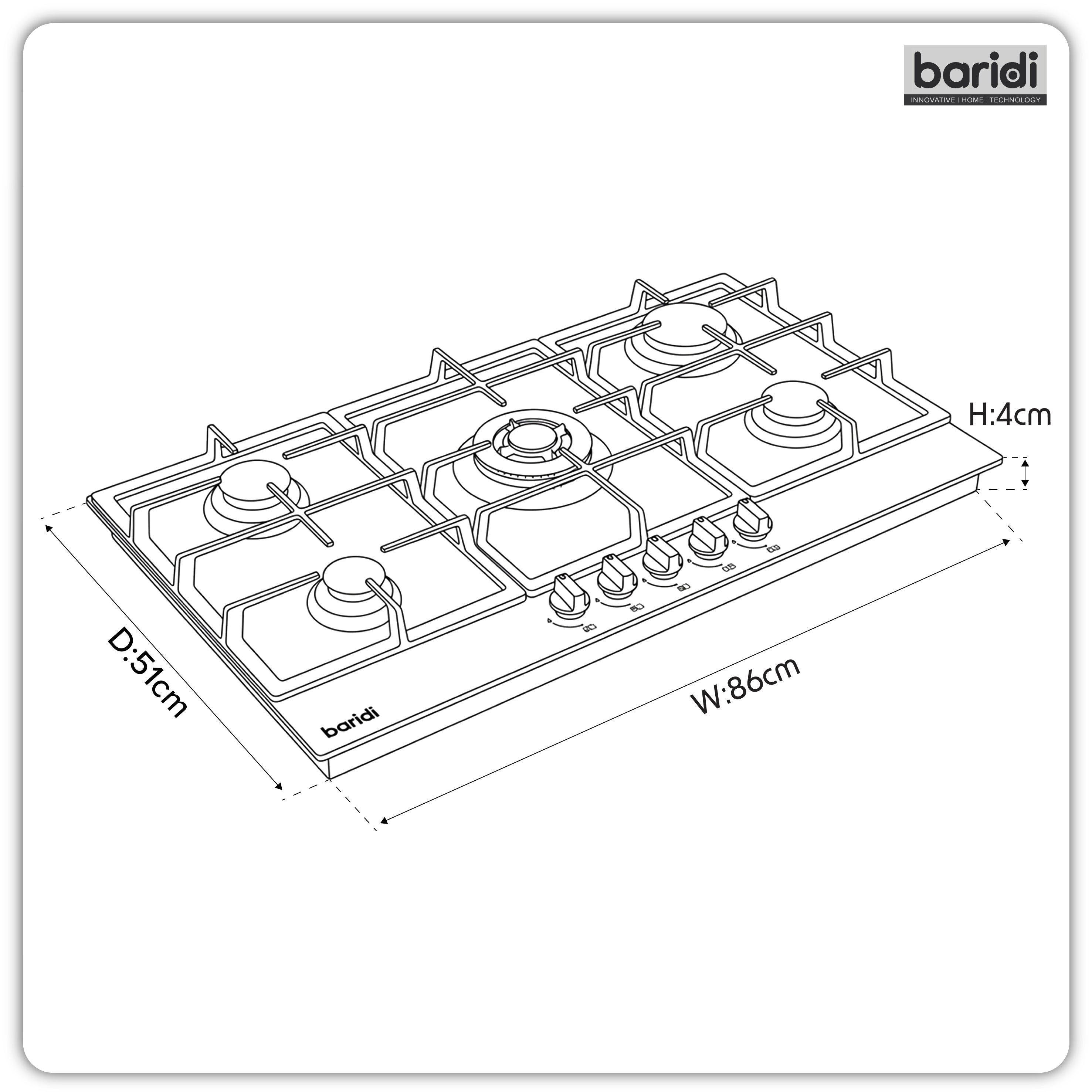 Baridi 90cm Gas Hob with Cast Iron Pan Supports & Wok Burner, Stainless Steel - DH382