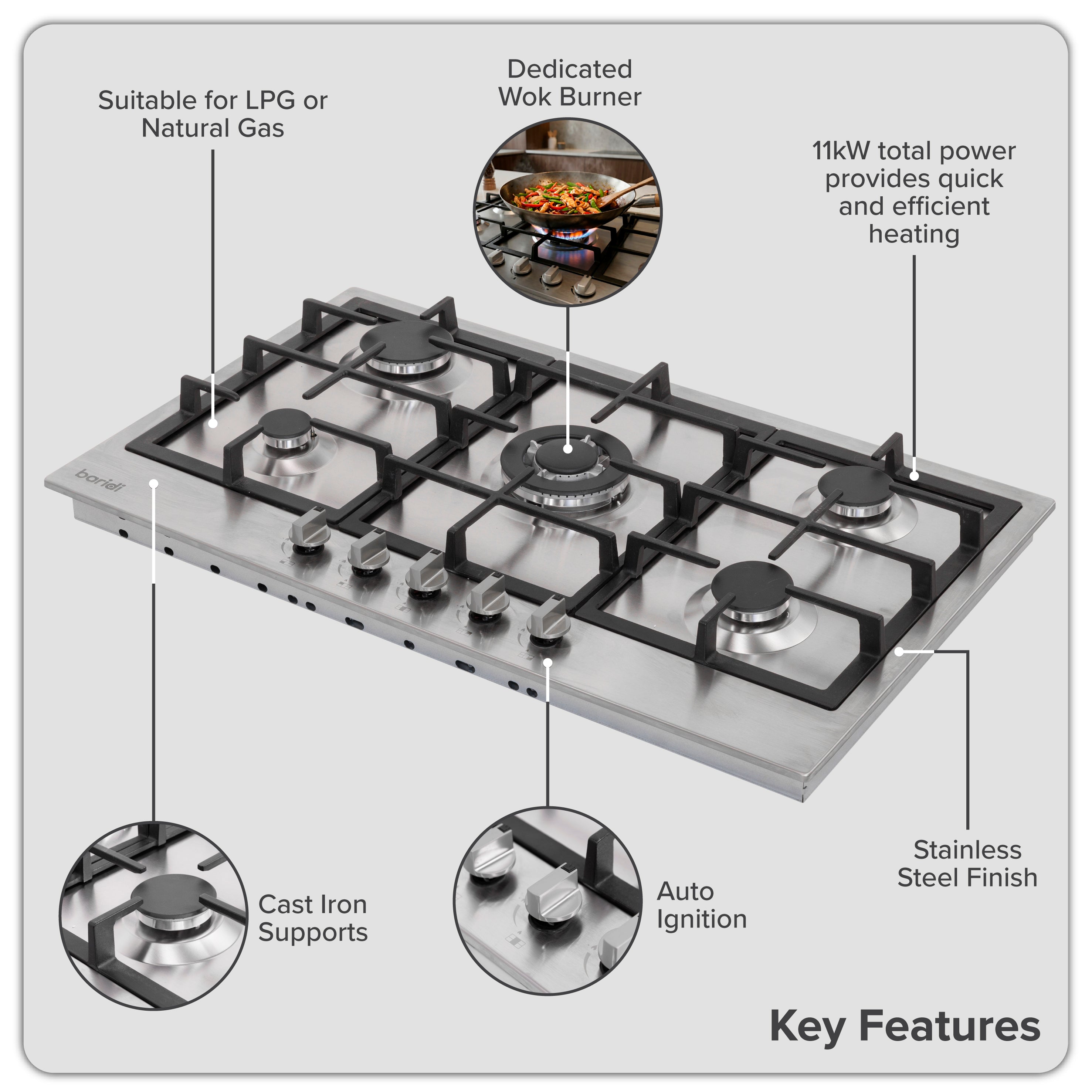 Baridi 90cm Gas Hob with Cast Iron Pan Supports & Wok Burner, Stainless Steel - DH382