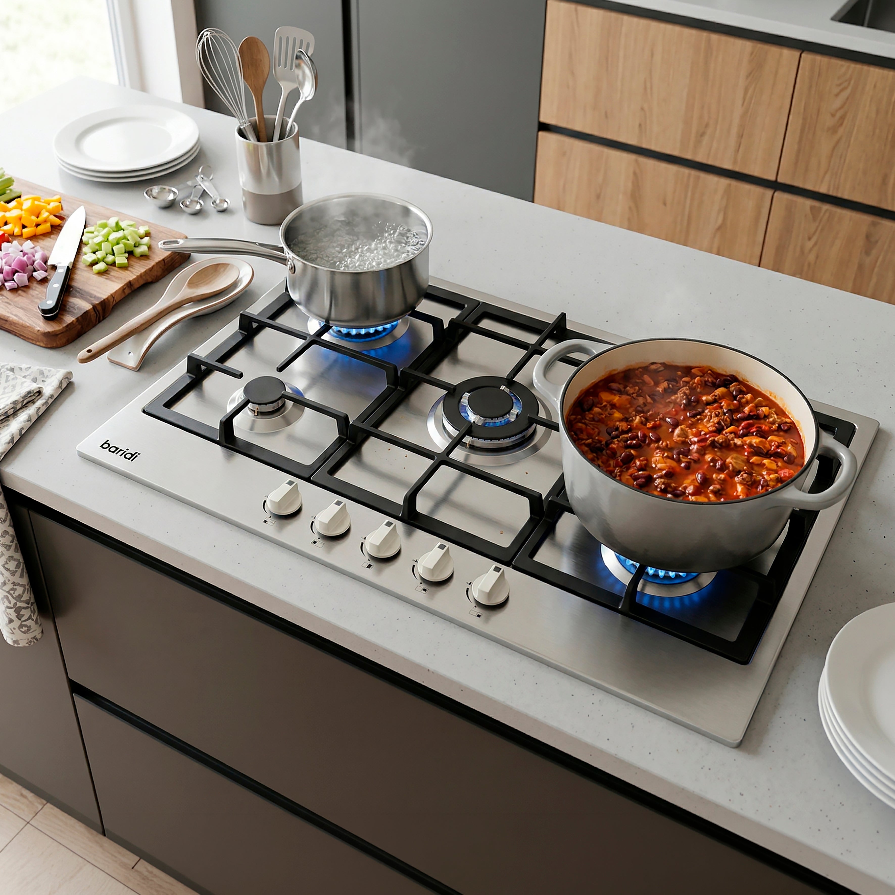 Baridi 90cm Gas Hob with Cast Iron Pan Supports & Wok Burner, Stainless Steel - DH382