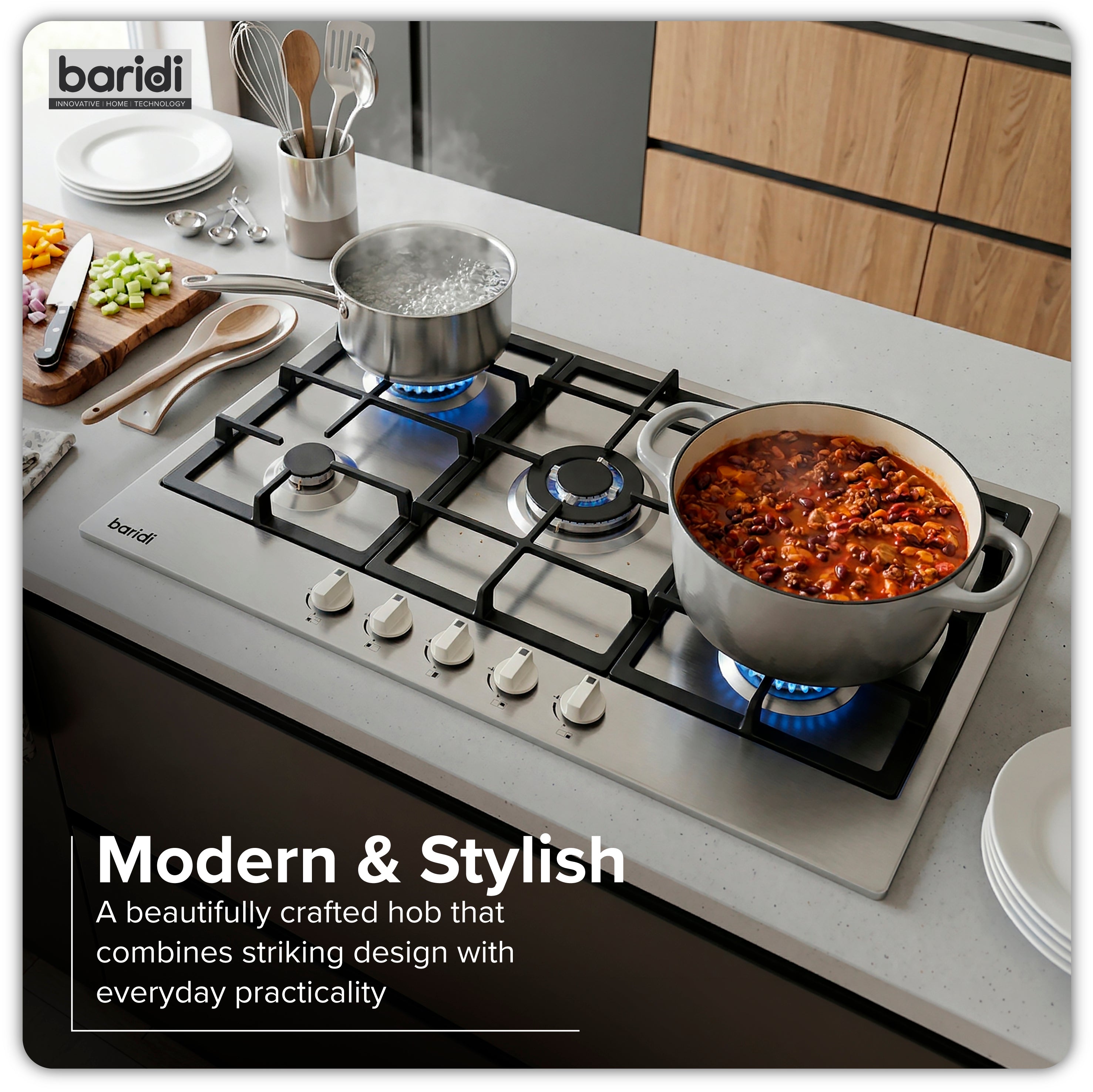 Baridi 90cm Gas Hob with Cast Iron Pan Supports & Wok Burner, Stainless Steel - DH382