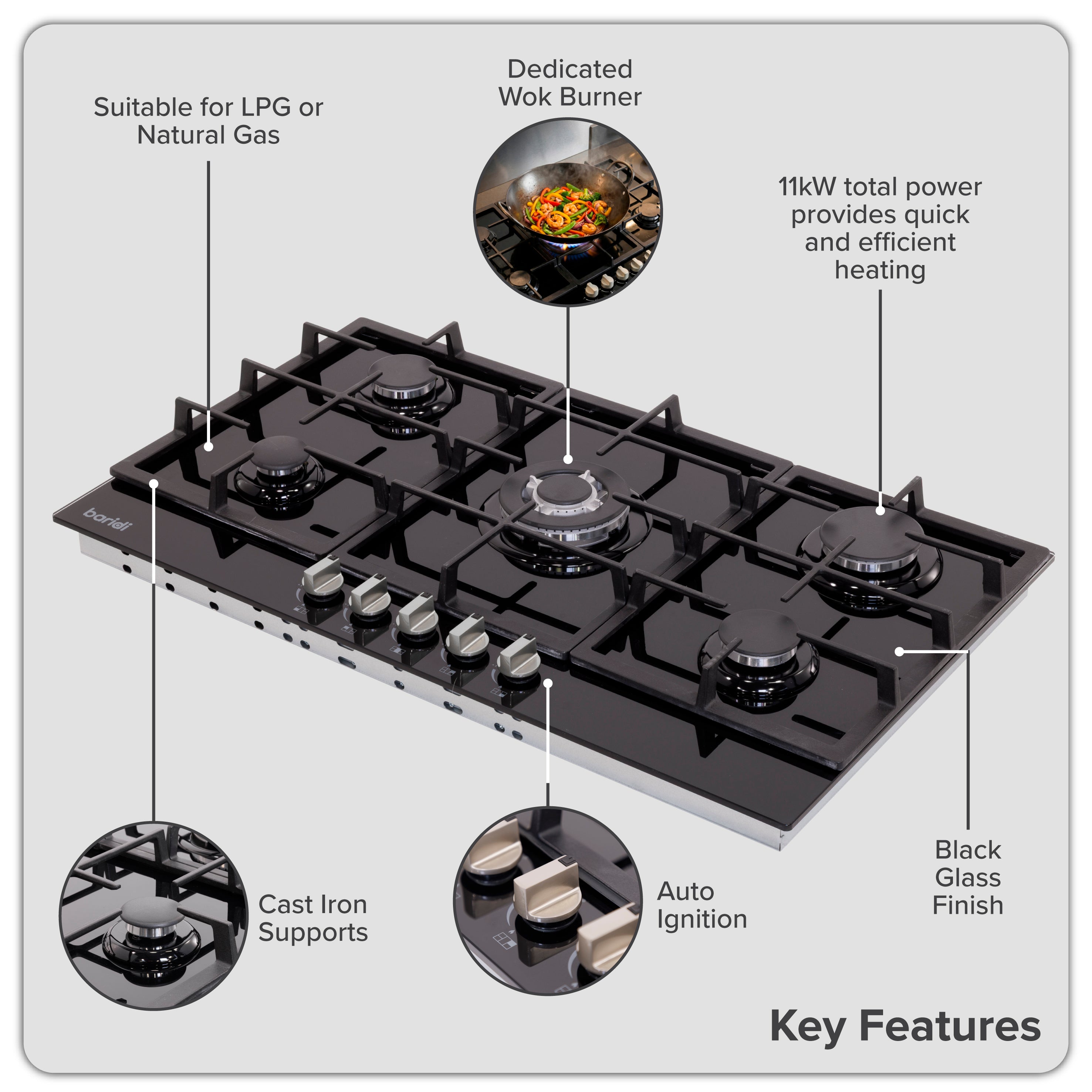 Baridi 90cm Gas Hob Glass with 5 Burners, Cast Iron Supports & Auto Ignition 11kW - DH383