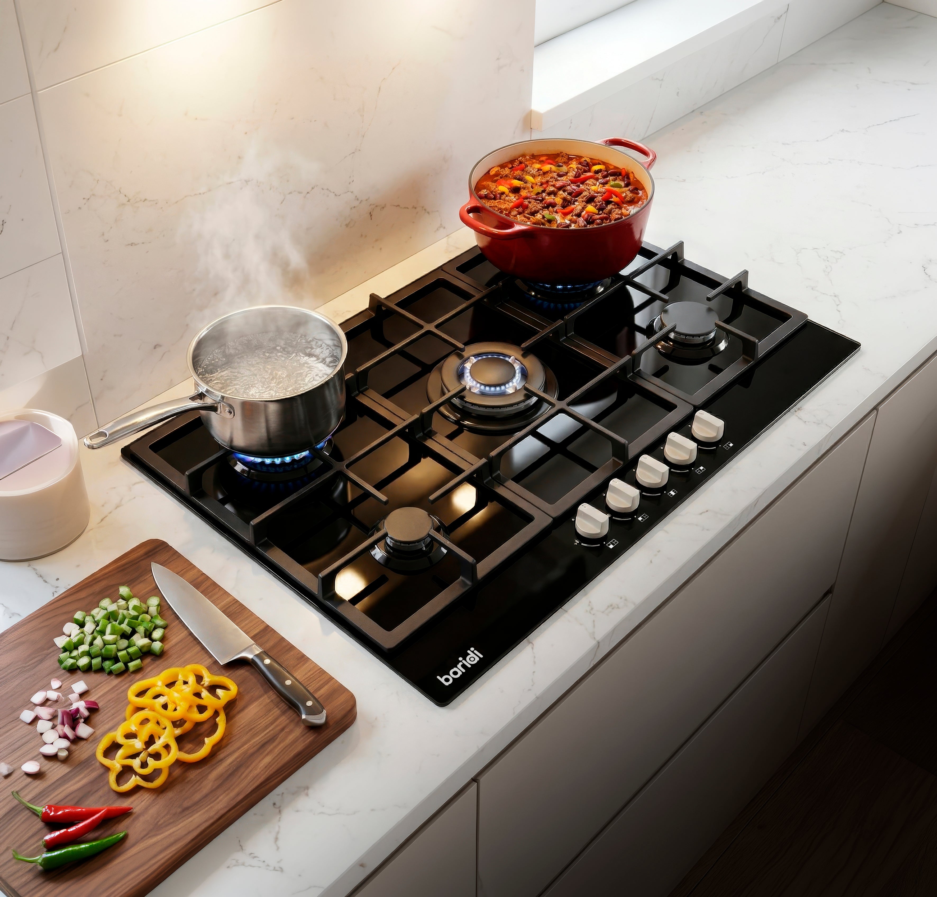 Baridi 90cm Gas Hob Glass with 5 Burners, Cast Iron Supports & Auto Ignition 11kW - DH383