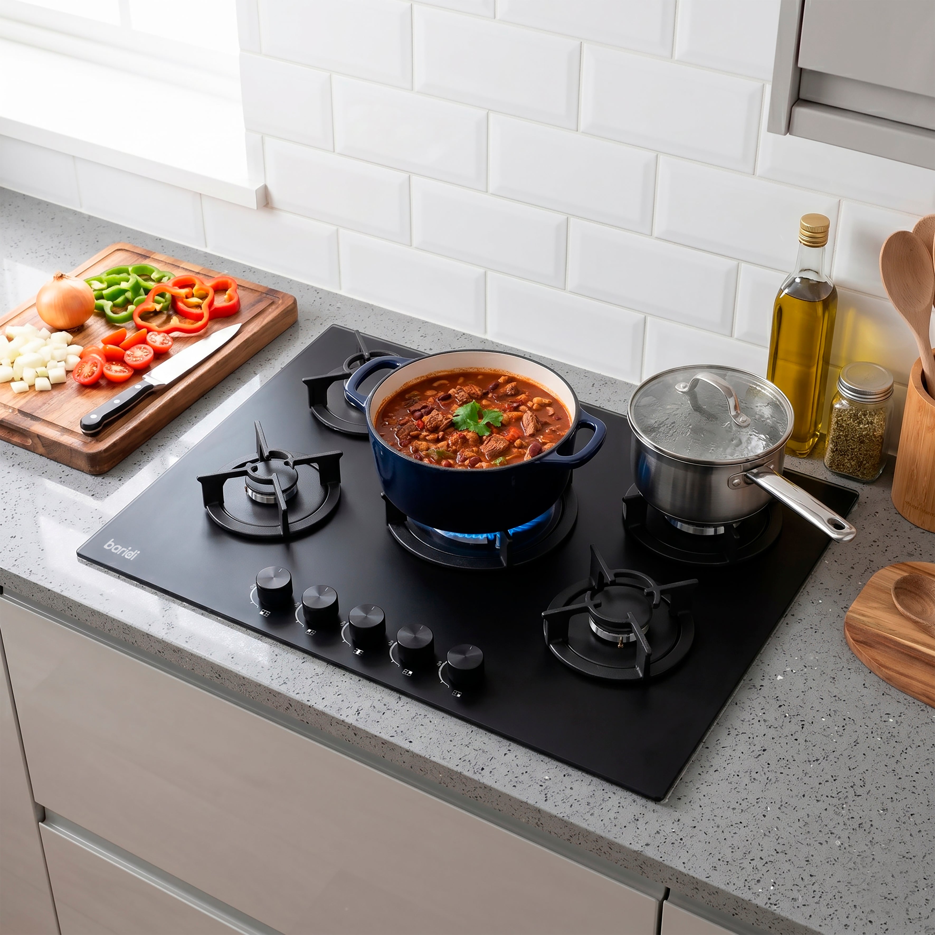 Baridi 70cm Matt Black Glass Gas Hob, 5 Burners, Cast Iron Supports, Auto Ignition, 10.4kW – DH384