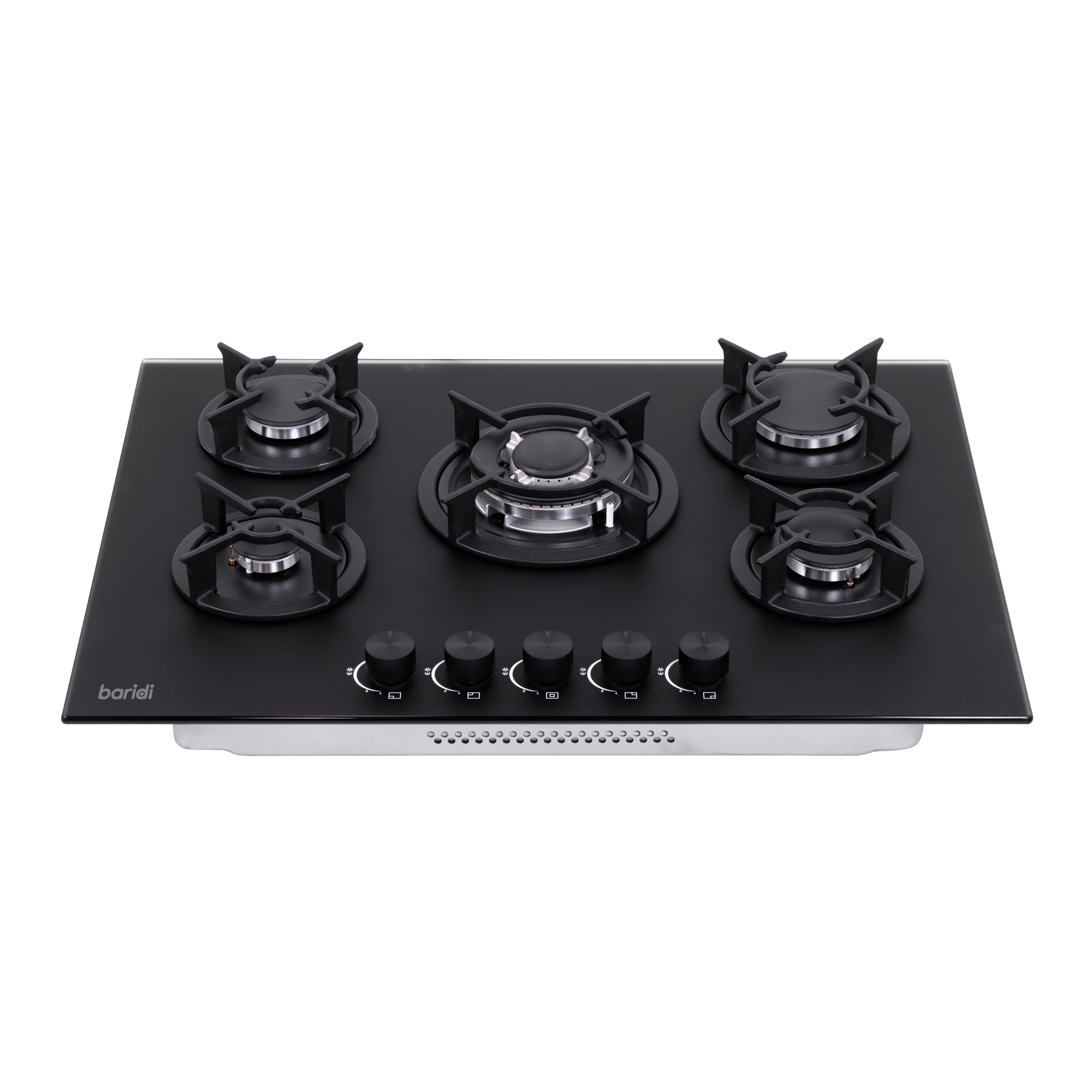 Baridi 70cm Matt Black Glass Gas Hob, 5 Burners, Cast Iron Supports, Auto Ignition, 10.4kW – DH384