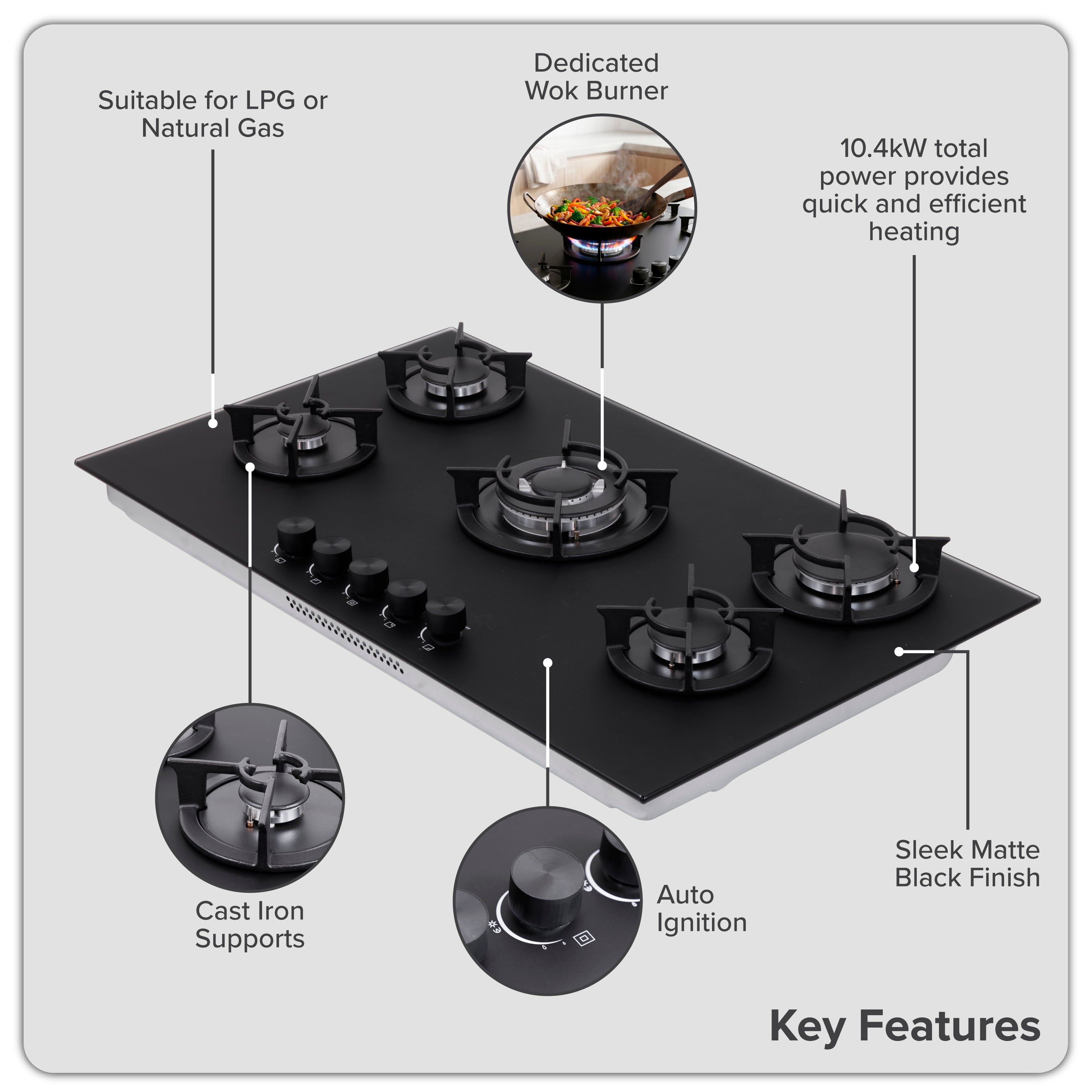 Baridi 90cm Matt Black Glass Gas Hob, 5 Burners, Cast Iron Supports, Auto Ignition, 10.4kW – DH385