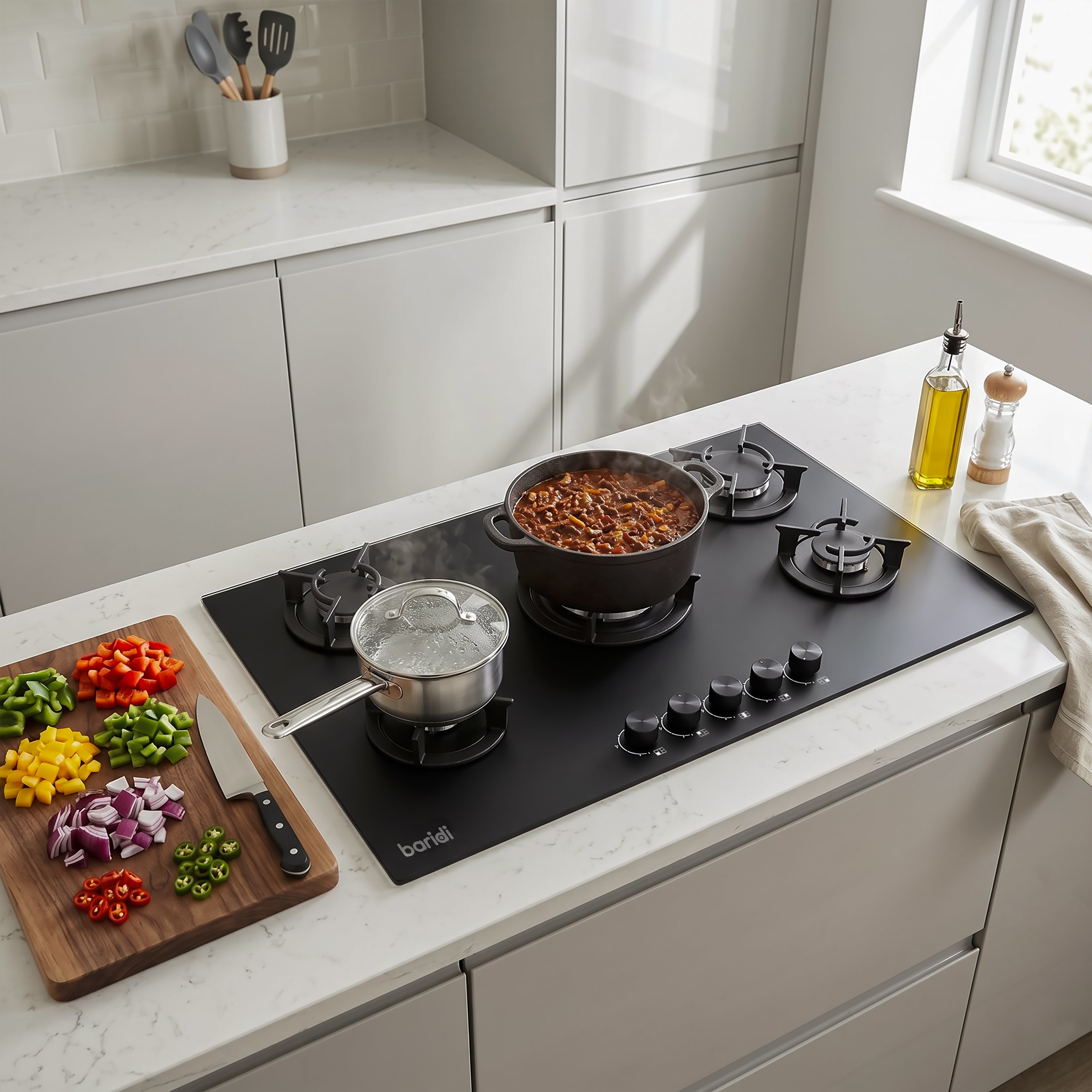 Baridi 90cm Matt Black Glass Gas Hob, 5 Burners, Cast Iron Supports, Auto Ignition, 10.4kW – DH385