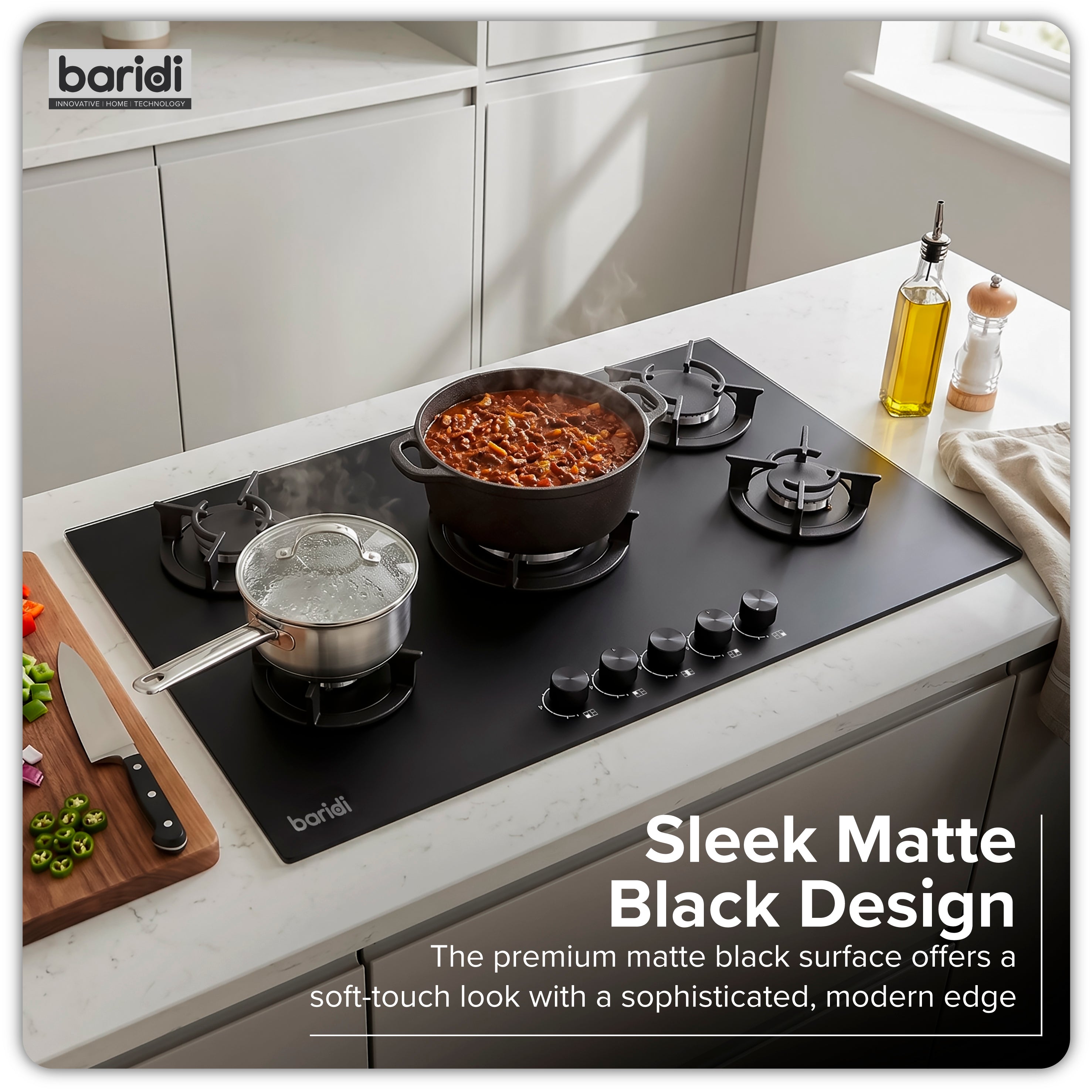 Baridi 90cm Matt Black Glass Gas Hob, 5 Burners, Cast Iron Supports, Auto Ignition, 10.4kW – DH385
