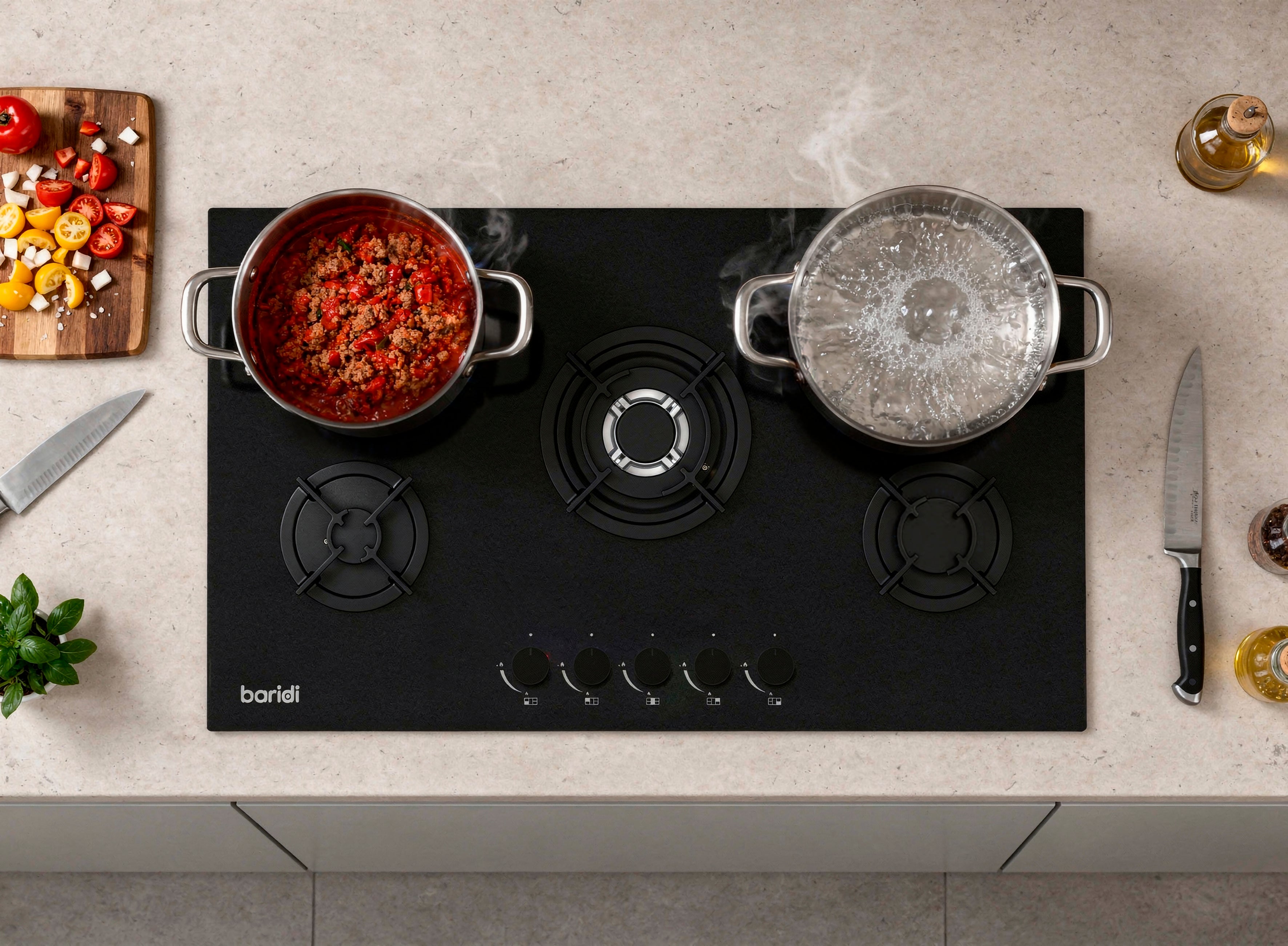 Baridi 90cm Matt Black Glass Gas Hob, 5 Burners, Cast Iron Supports, Auto Ignition, 10.4kW – DH385