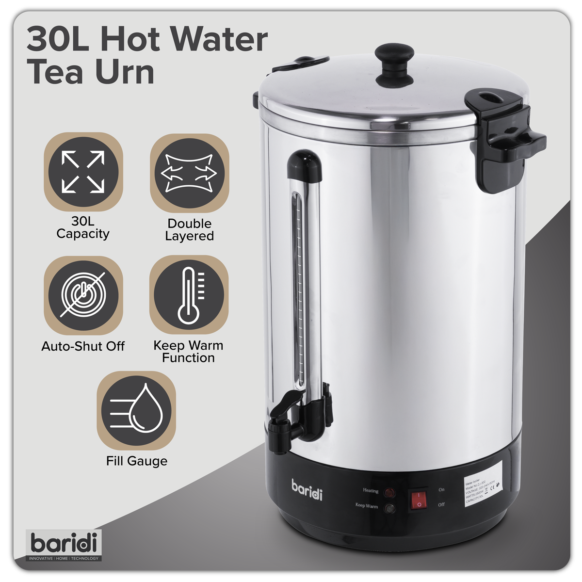 Baridi 30L Hot Water Boiler, Tea Urn with Drip Tray, Keep Warm Function - Stainless Steel - DH388