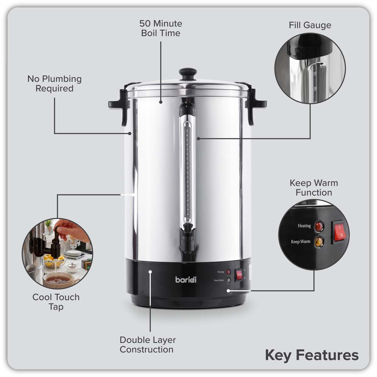 Baridi 30L Hot Water Boiler, Tea Urn with Drip Tray, Keep Warm Function - Stainless Steel - DH388
