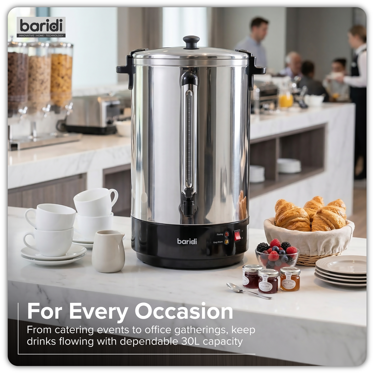 Baridi 30L Hot Water Boiler, Tea Urn with Drip Tray, Keep Warm Function - Stainless Steel - DH388