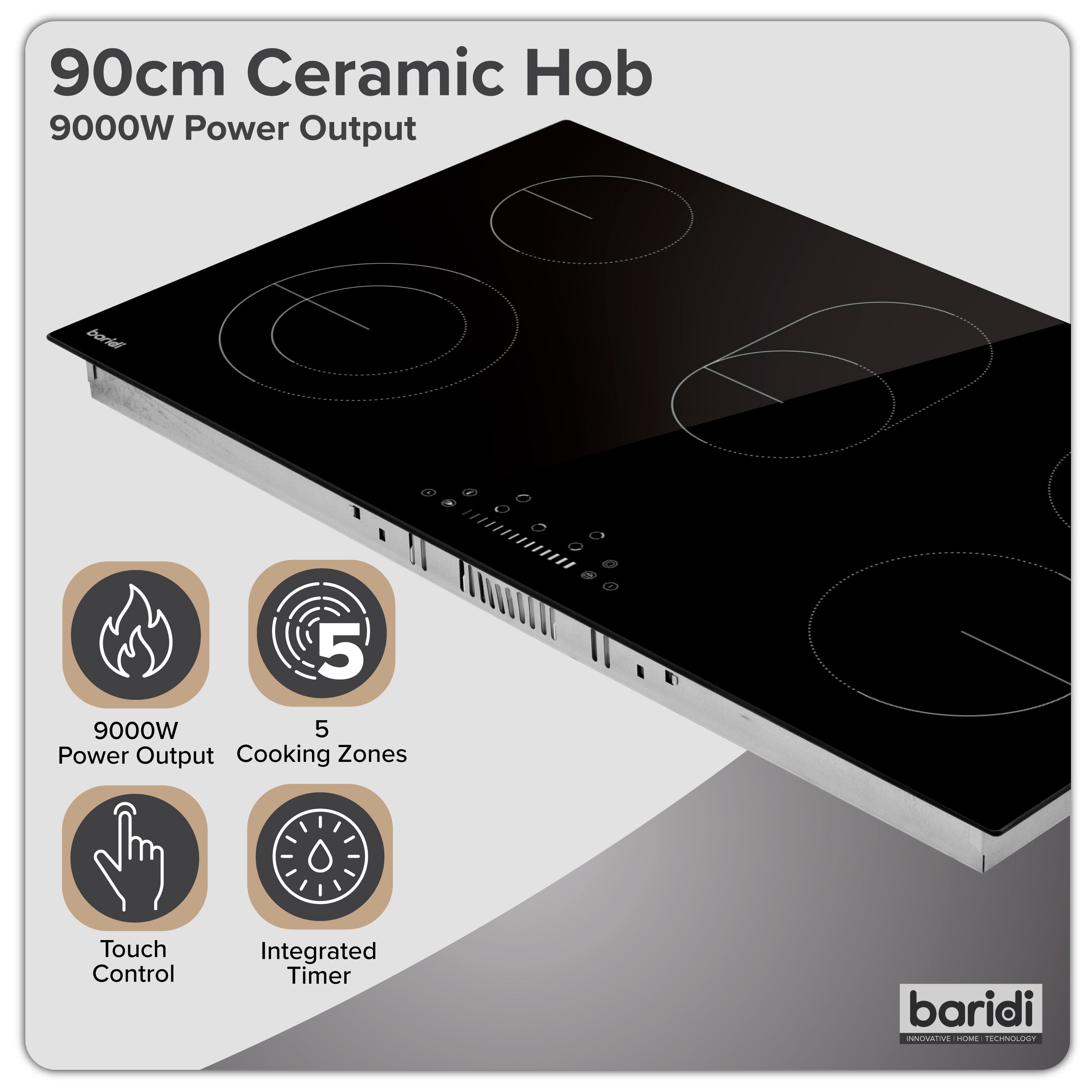 Baridi Integrated Ceramic Hob with 5 Cooking Zones 90cm, Black Glass - DH389