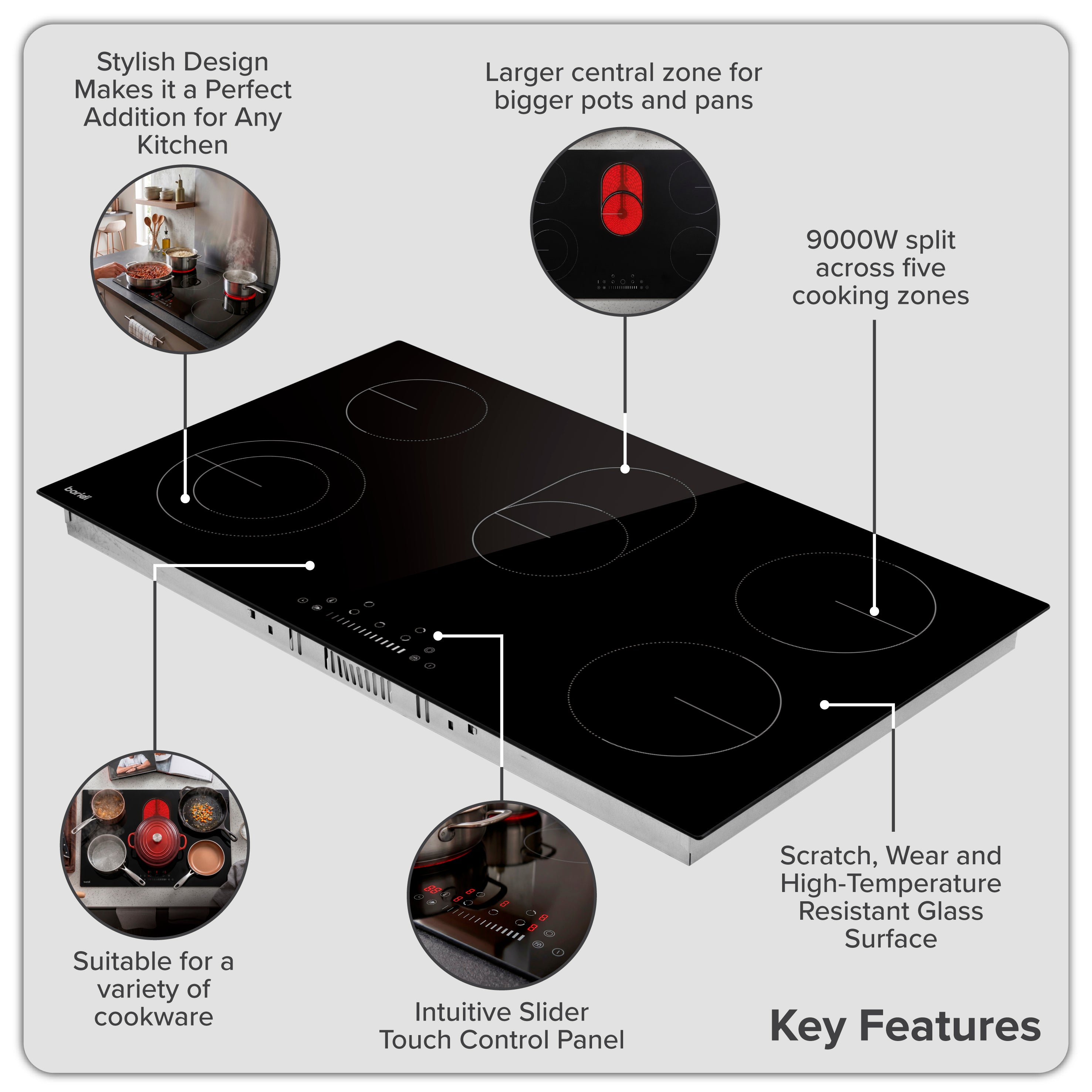 Baridi Integrated Ceramic Hob with 5 Cooking Zones 90cm, Black Glass - DH389