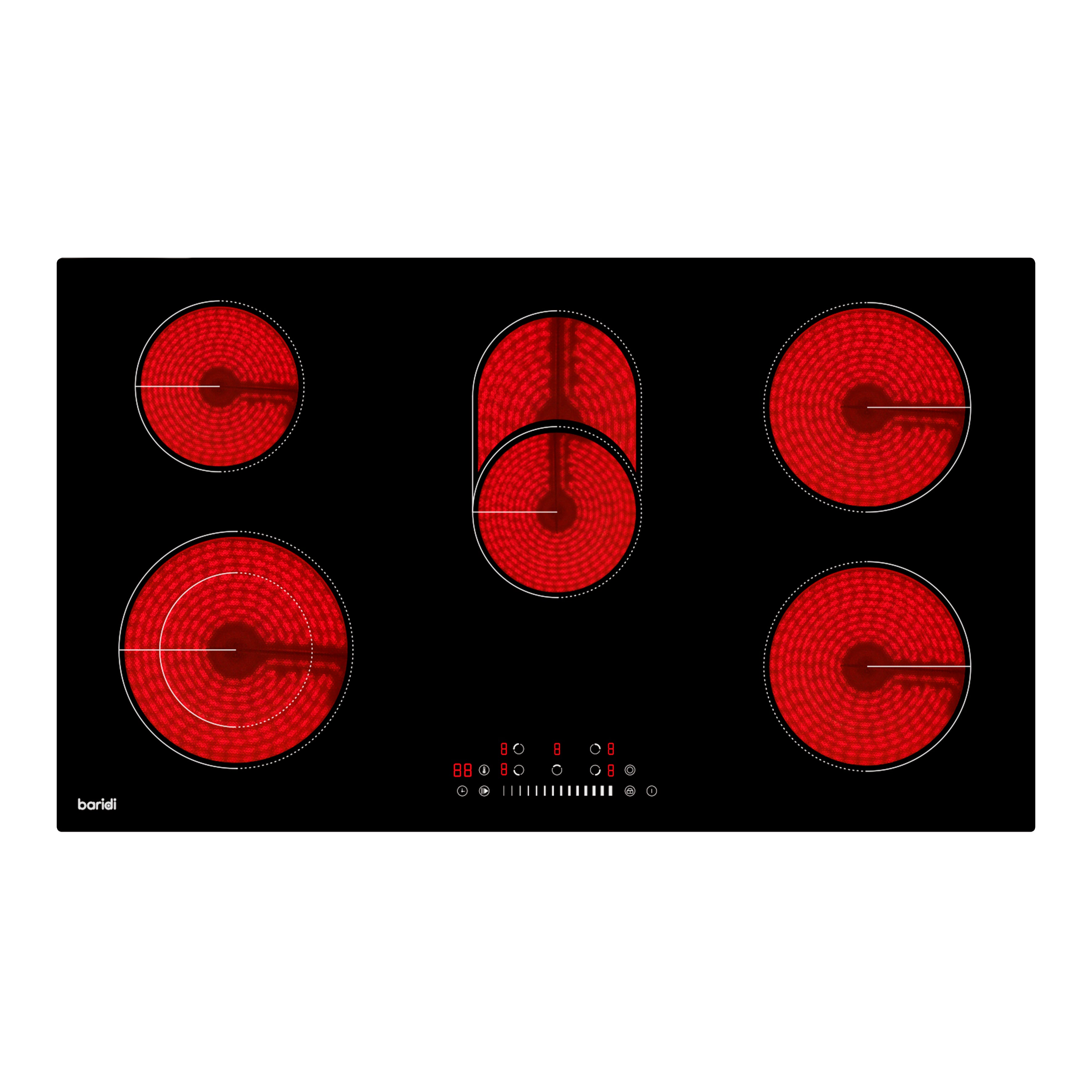 Baridi Integrated Ceramic Hob with 5 Cooking Zones 90cm, Black Glass - DH389