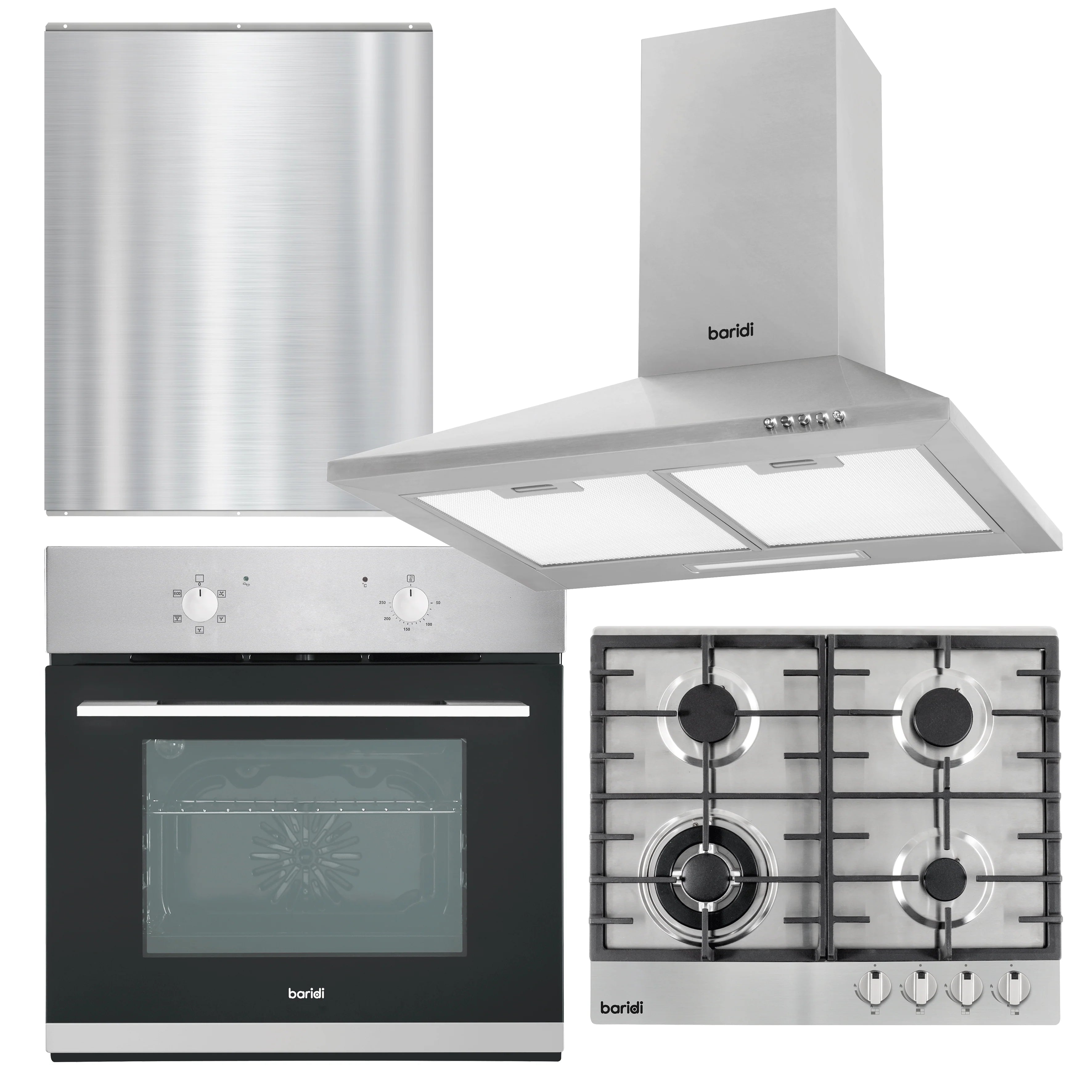 Kitchen Appliance Bundle – 60cm Oven, Gas Hob, Cooker Hood & Splashback – Stainless Steel