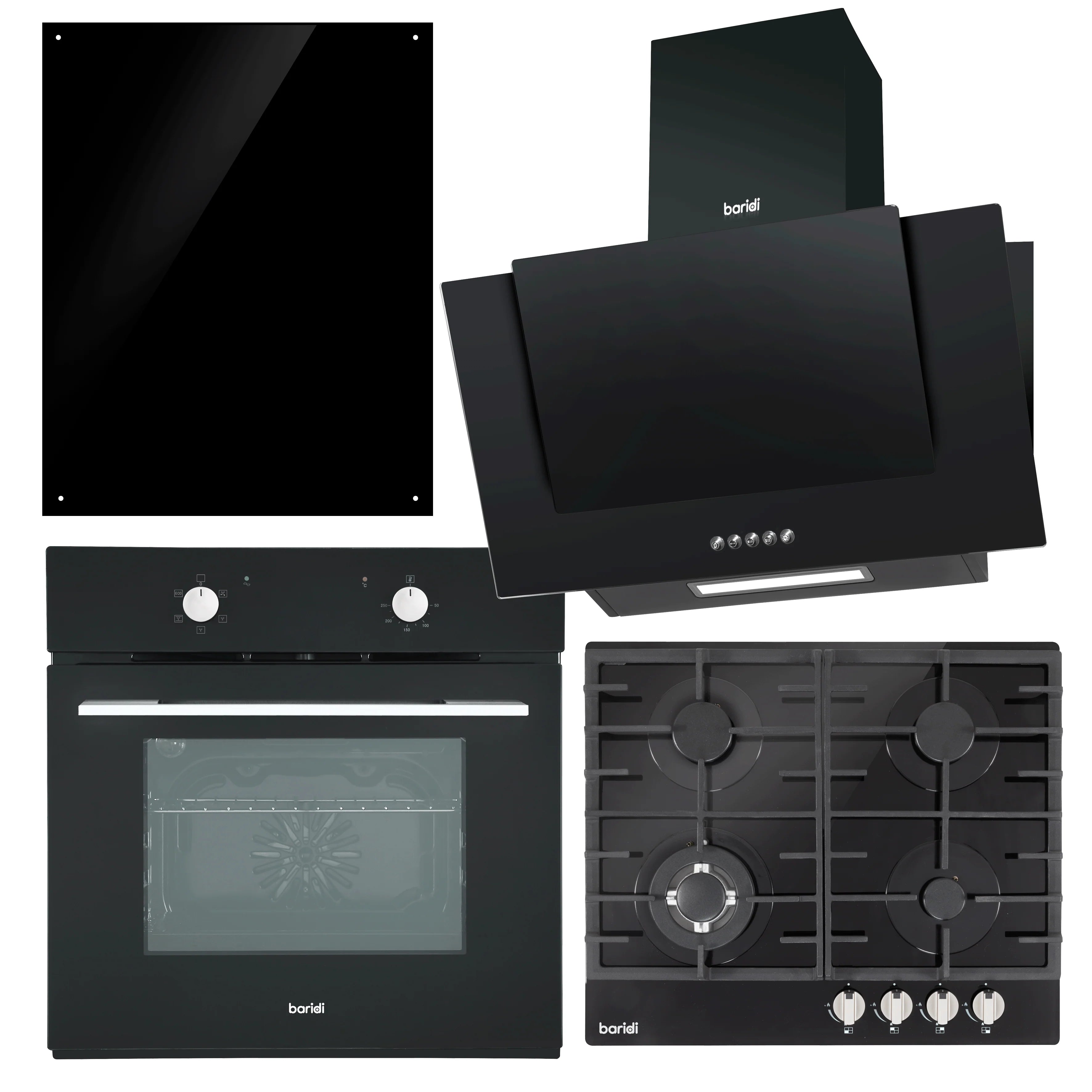 Kitchen Appliance Bundle – 60cm Oven, Black Glass Hob, Angled Chimney Hood & Splashback