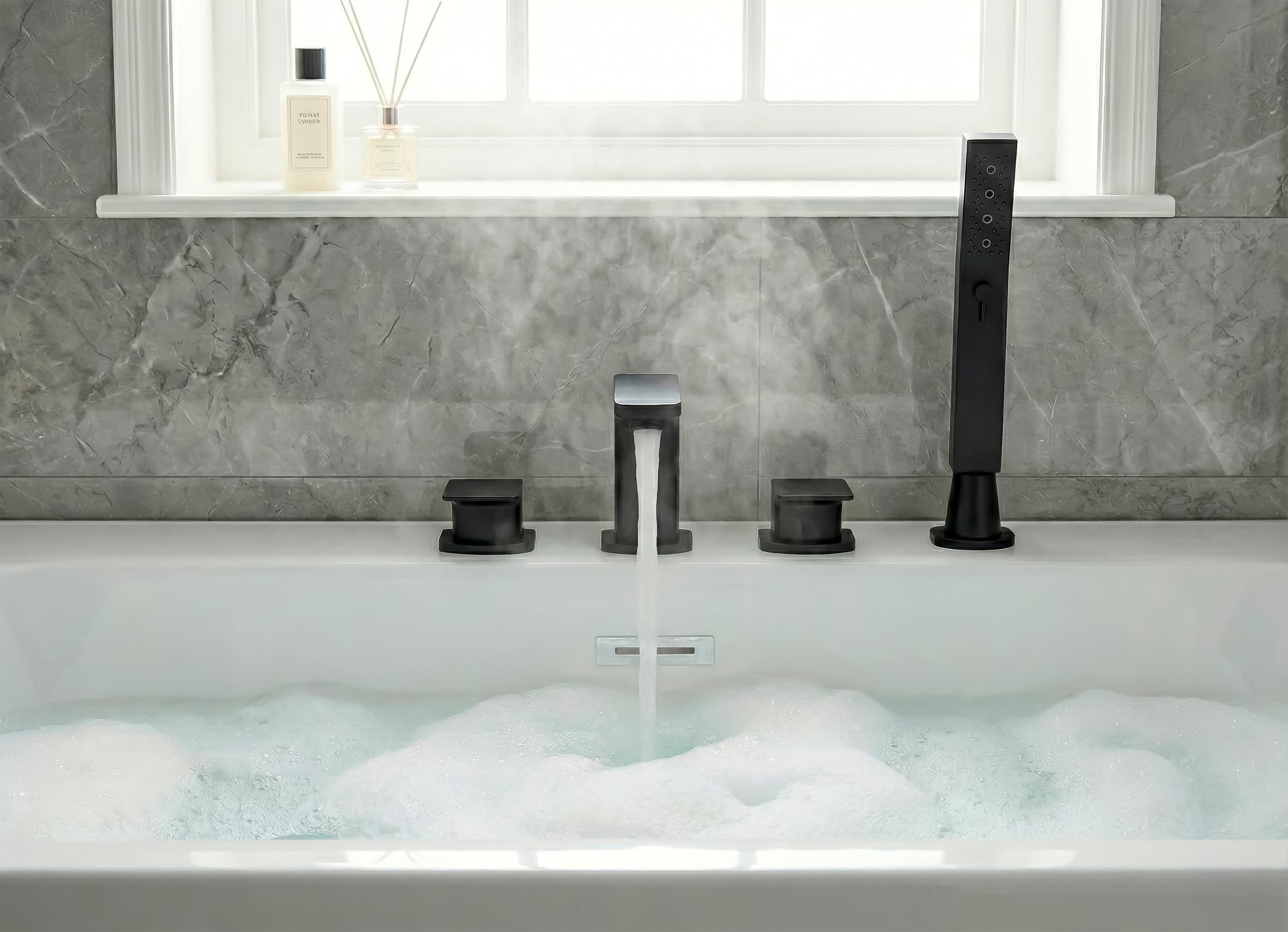 Baridi Bath Mounting 4-Hole Mixer Tap with Shower Head, Matt Black - DH399