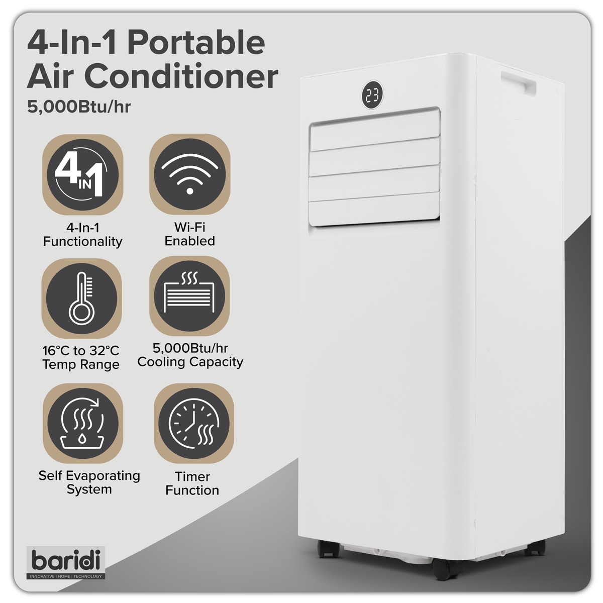 Baridi 4-in-1 Portable Air Conditioner with Window Sealing Kit 5,000Btu/hr, TUYA App & Wi-Fi Control, White - DH412