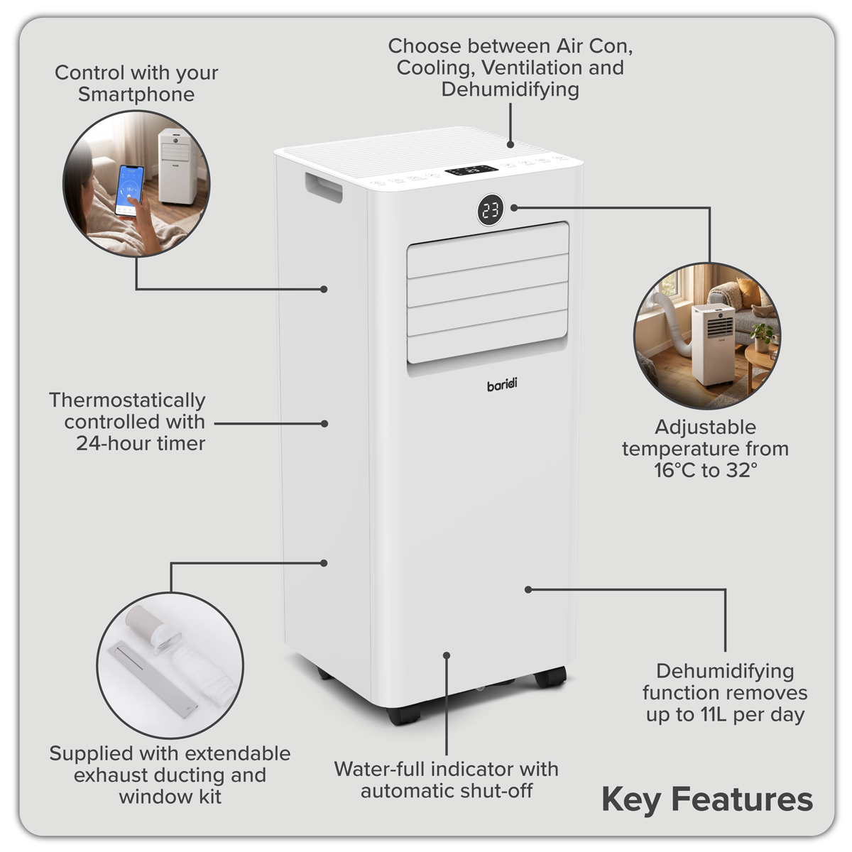 Baridi 4-in-1 Portable Air Conditioner with Window Sealing Kit 5,000Btu/hr, TUYA App & Wi-Fi Control, White - DH412
