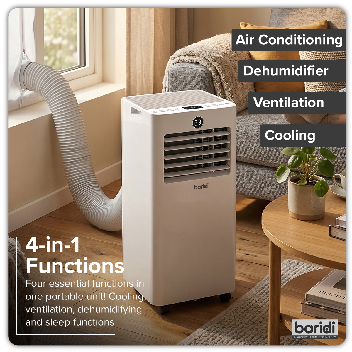 Baridi 4-in-1 Portable Air Conditioner with Window Sealing Kit 5,000Btu/hr, TUYA App & Wi-Fi Control, White - DH412
