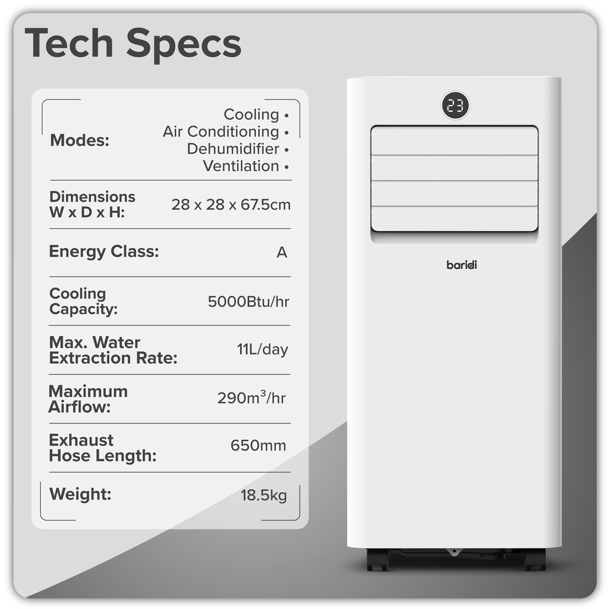 Baridi 4-in-1 Portable Air Conditioner with Window Sealing Kit 5,000Btu/hr, TUYA App & Wi-Fi Control, White - DH412
