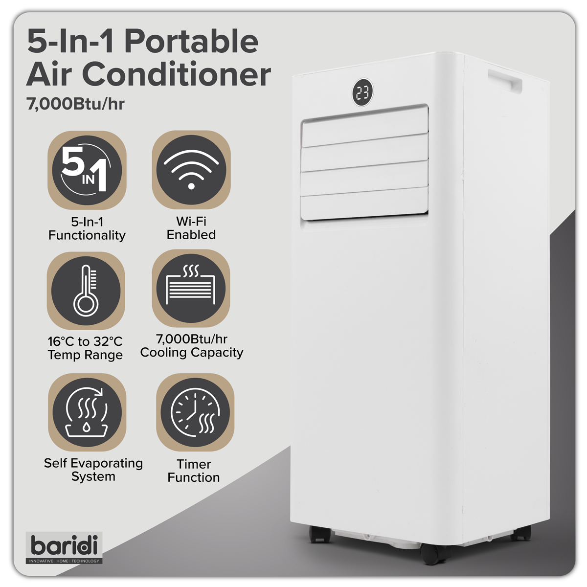 Baridi 5-in-1 Portable Air Conditioner with Window Sealing Kit 7,000Btu/hr, TUYA App & Wi-Fi Control, White - DH413