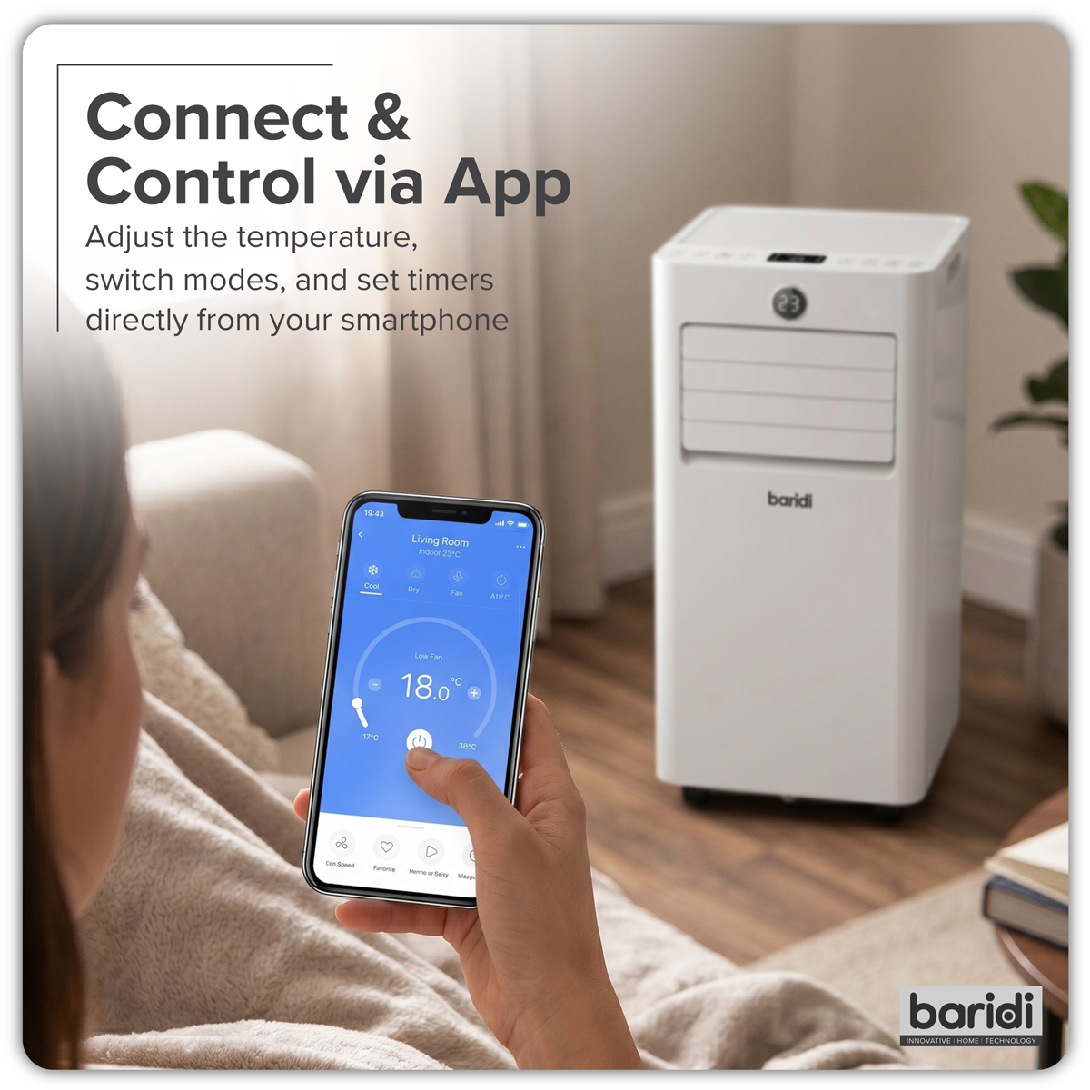 Baridi 5-in-1 Portable Air Conditioner with Window Sealing Kit 7,000Btu/hr, TUYA App & Wi-Fi Control, White - DH413