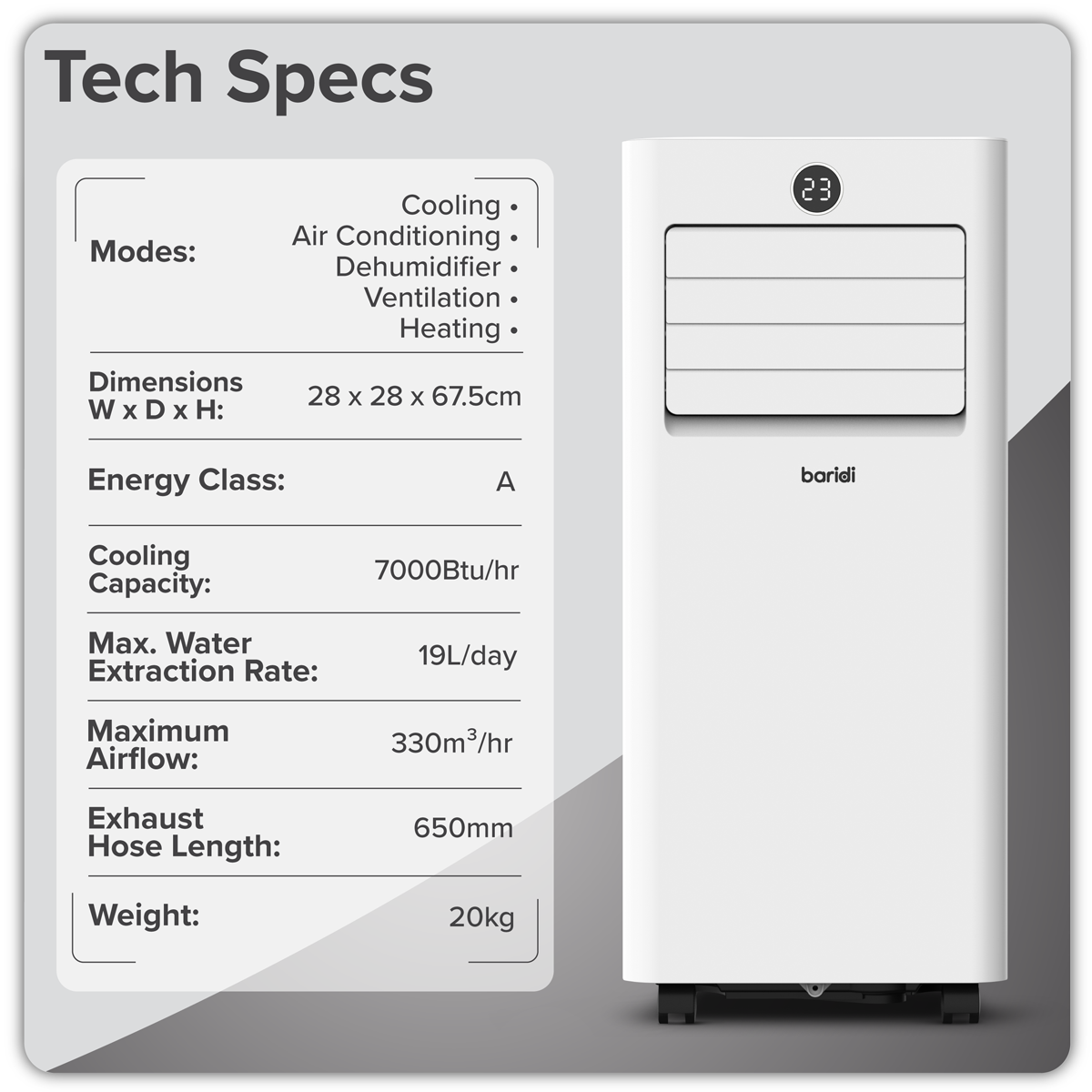 Baridi 5-in-1 Portable Air Conditioner with Window Sealing Kit 7,000Btu/hr, TUYA App & Wi-Fi Control, White - DH413
