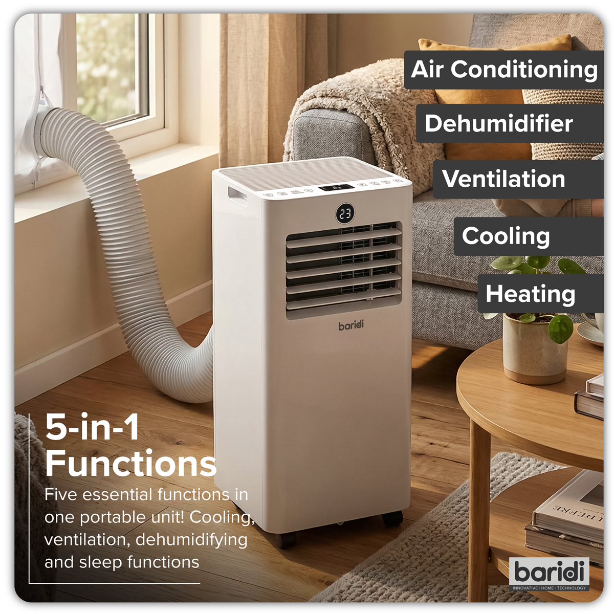 Baridi 5-in-1 Portable Air Conditioning Unit with Window Sealing Kit 9,000Btu/hr, TUYA App & Wi-Fi Control, White - DH414