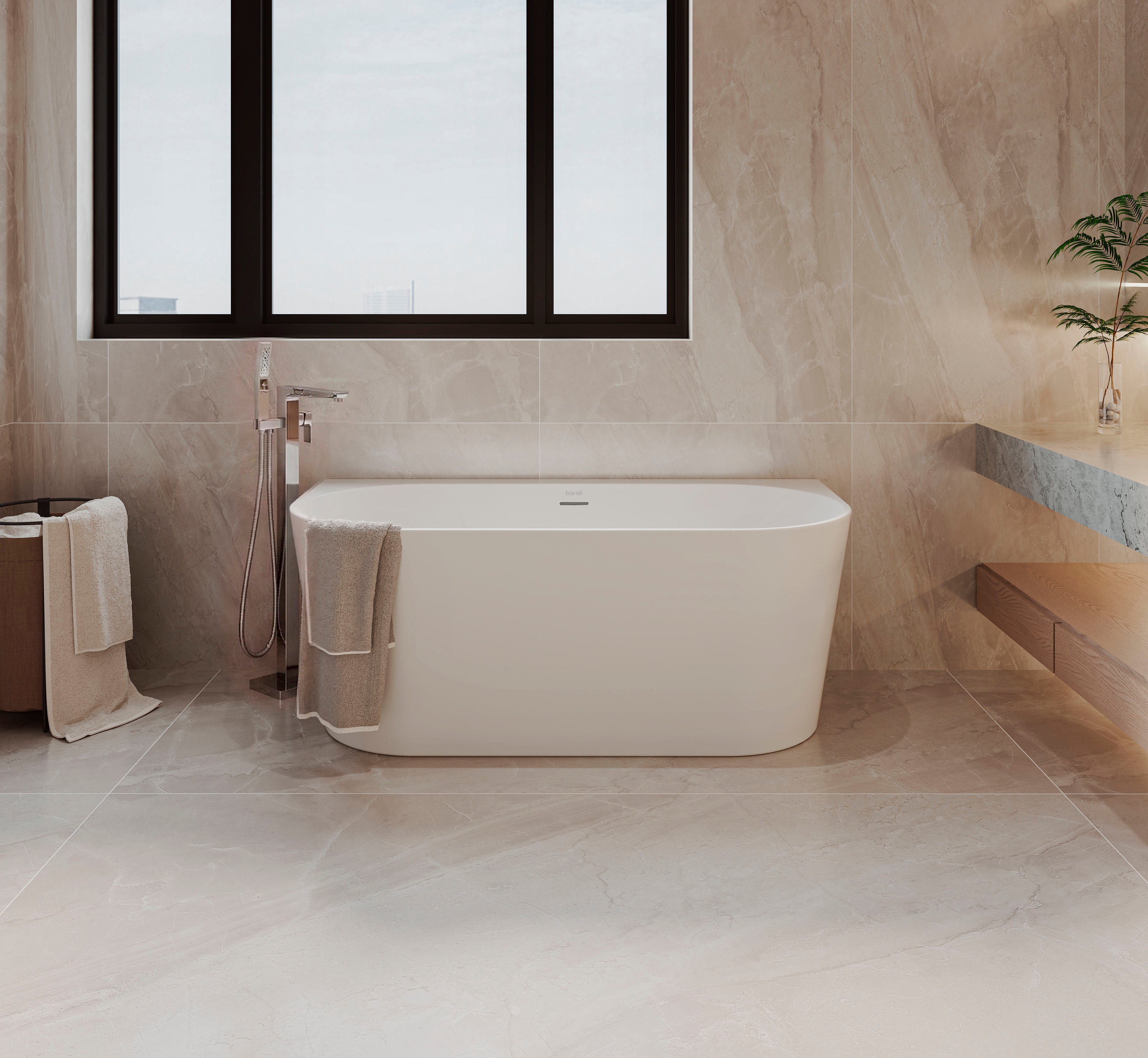 Baridi Back-to-Wall Slim Rim Bath with Overflow System 150cm, Gloss White - DH421
