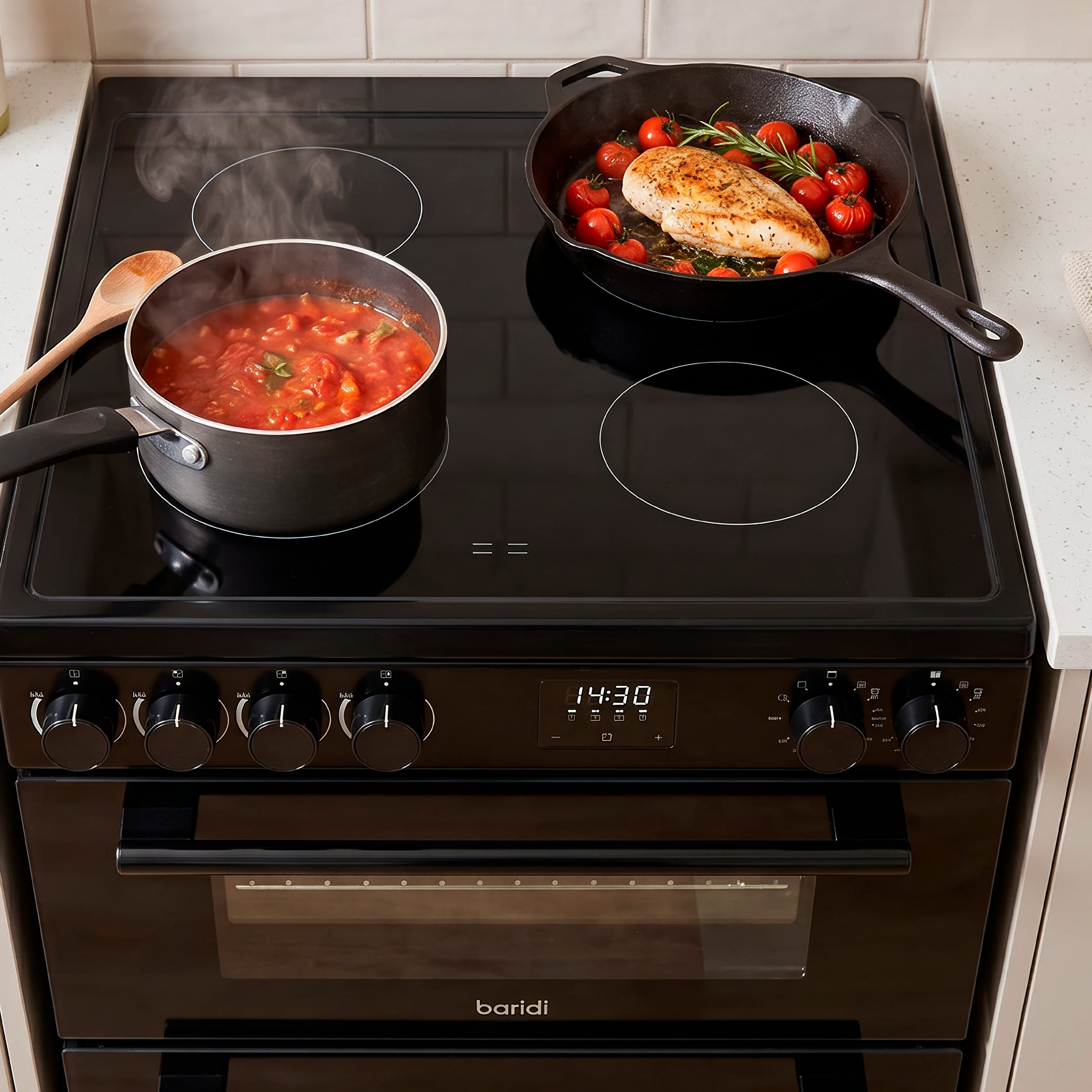 Baridi Freestanding Electric Cooker 60cm with 99L Double Cavity & 4 Zone Ceramic Hob, Black - DH429