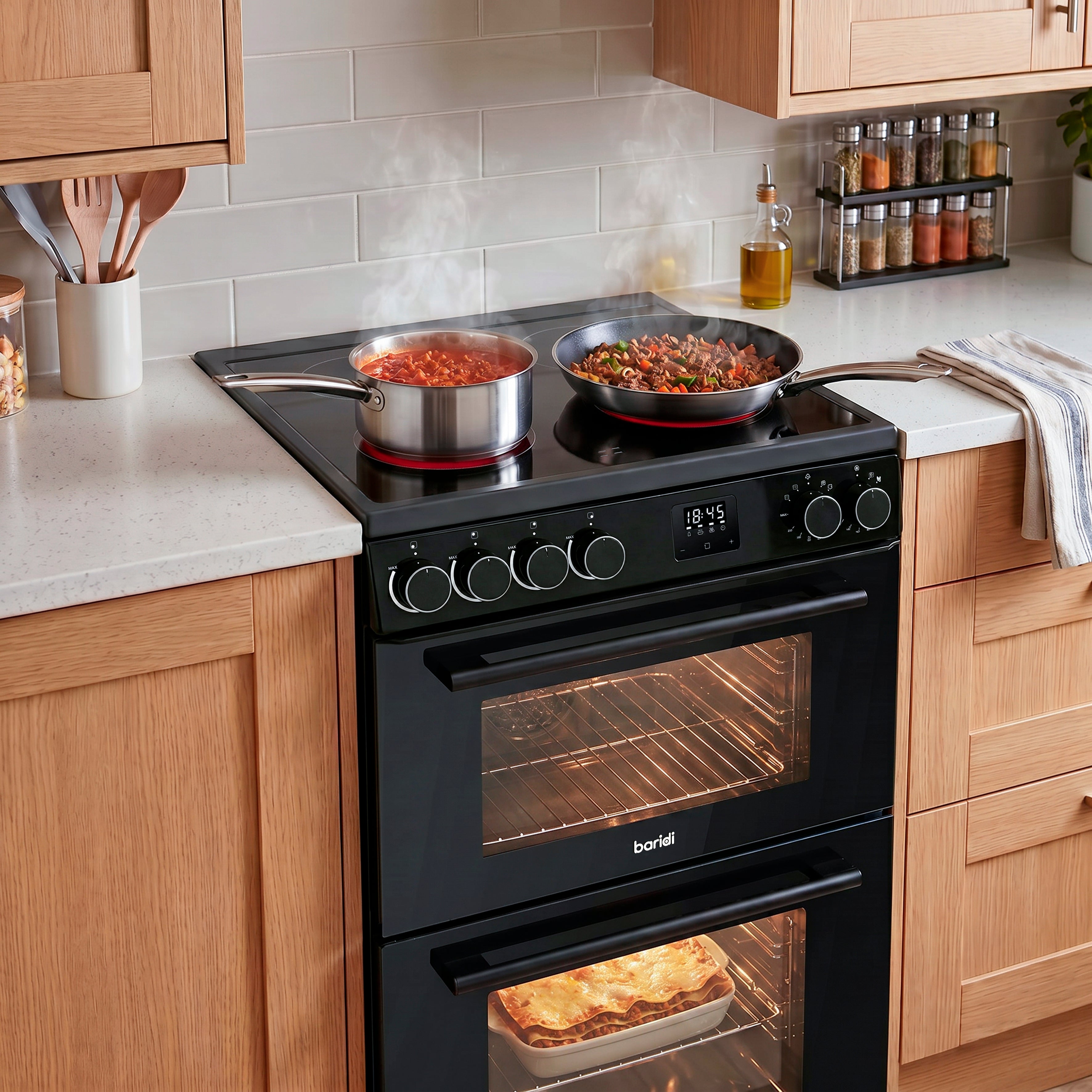 Baridi Freestanding Electric Cooker 60cm with 99L Double Cavity & 4 Zone Ceramic Hob, Black - DH429