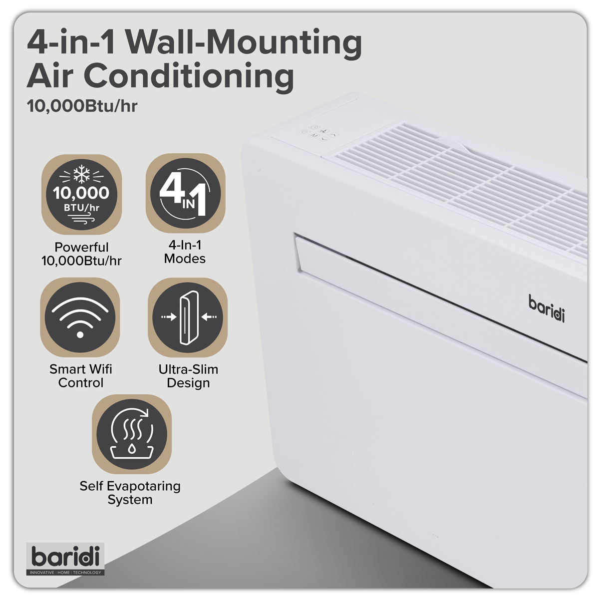 Baridi 4-in-1 Smart Monobloc Wall-Mounting Air Conditioning Unit 10,000Btu/hr, White - DH432