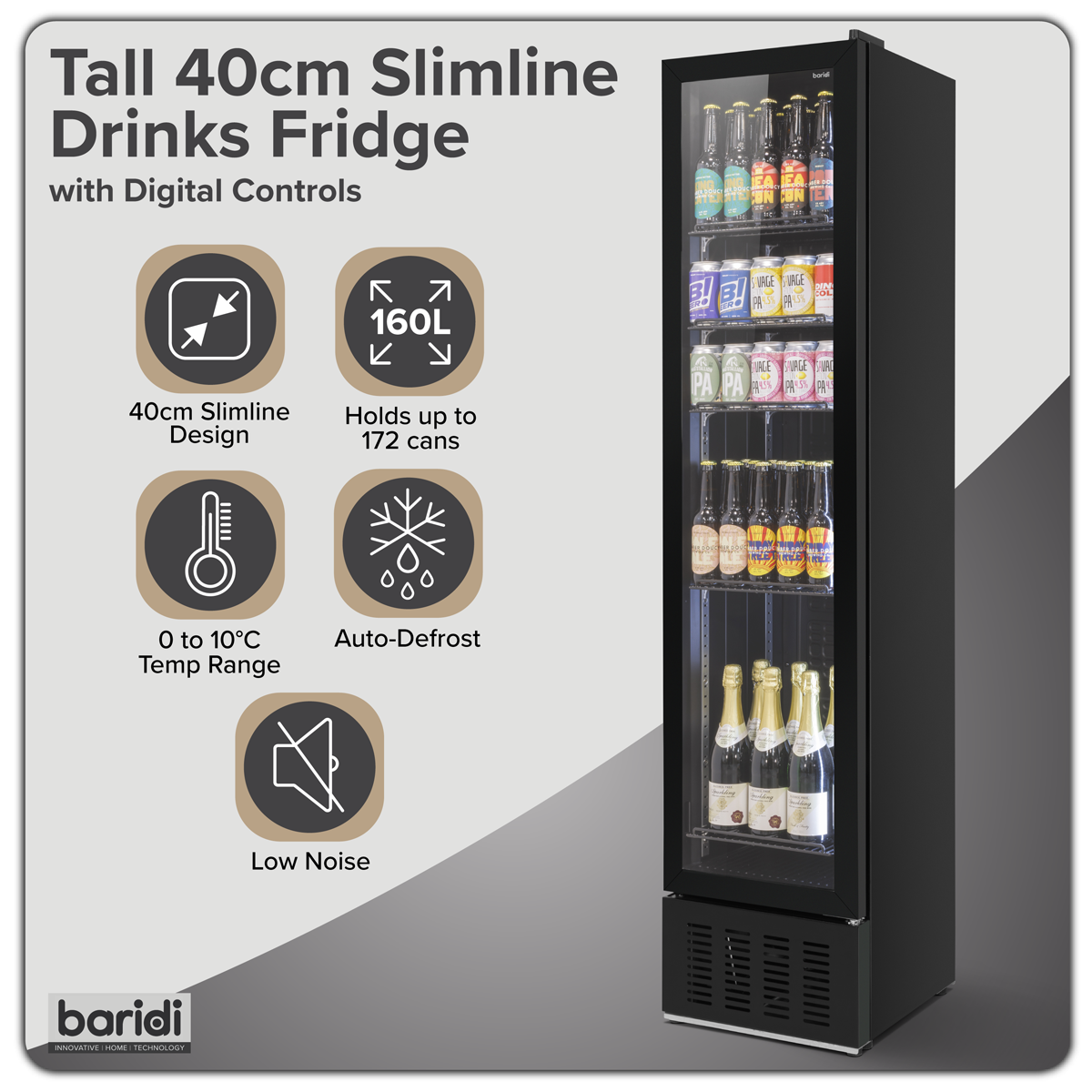 Baridi Tall Drinks/Bar Fridge with Digital Controls & Auto Defrost 160L, Black - DH440