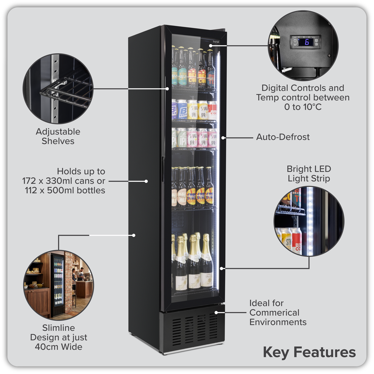 Baridi Tall Drinks/Bar Fridge with Digital Controls & Auto Defrost 160L, Black - DH440