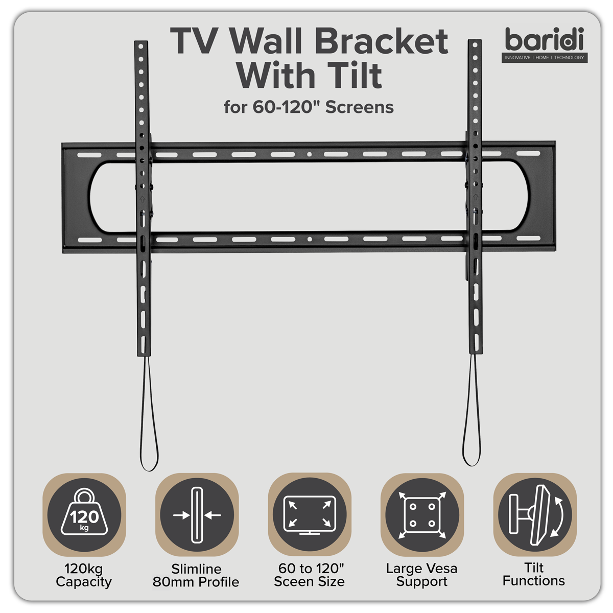 Baridi TV Wall Bracket with Tilt for 60-120" Screens, Max. VESA 900 x 600mm, Black - DH442