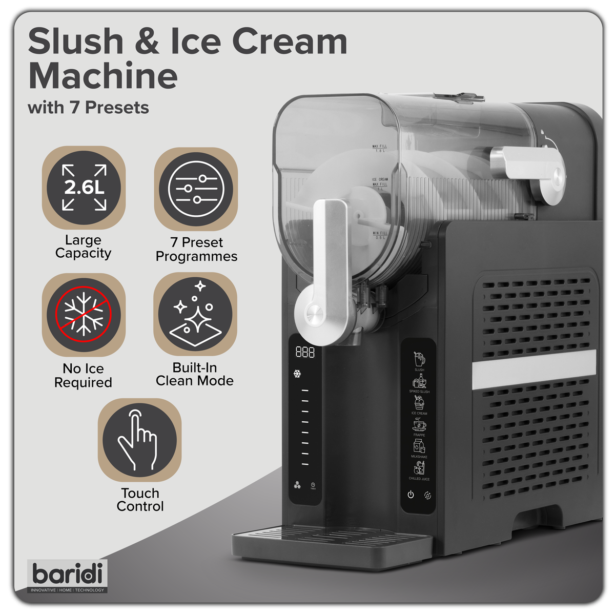 Baridi Slush & Ice Cream Machine, 7 Presets, 2.6L Capacity, Black - DH443
