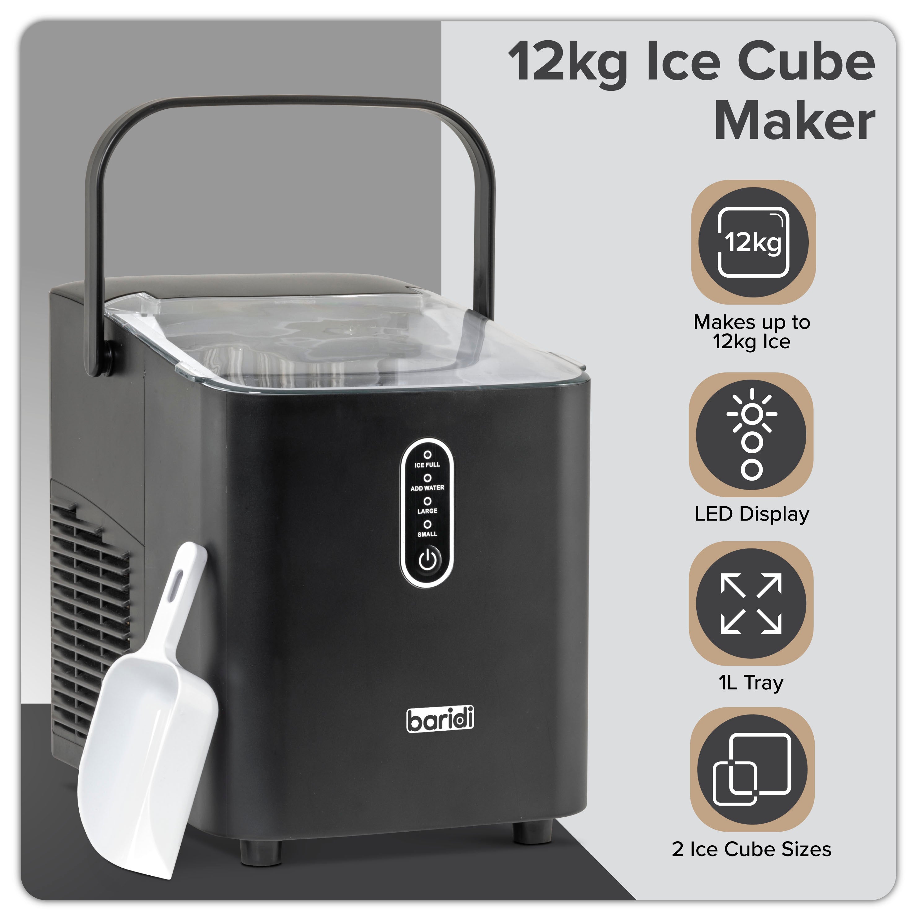 Baridi DH52 Ice Cuber Maker Action shot - infographic - summary