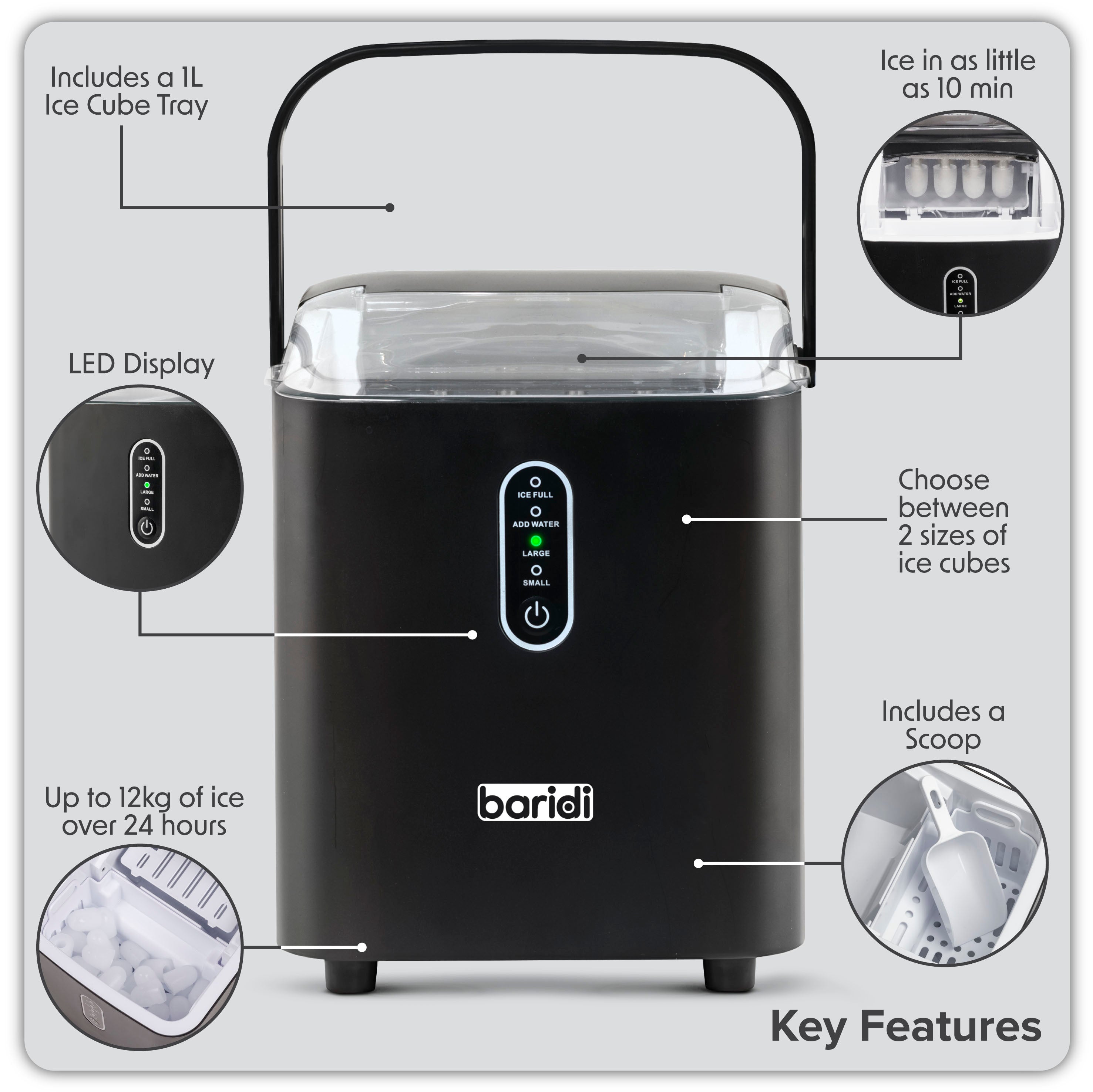 Baridi DH52 Ice Cuber Maker Action shot - key - features