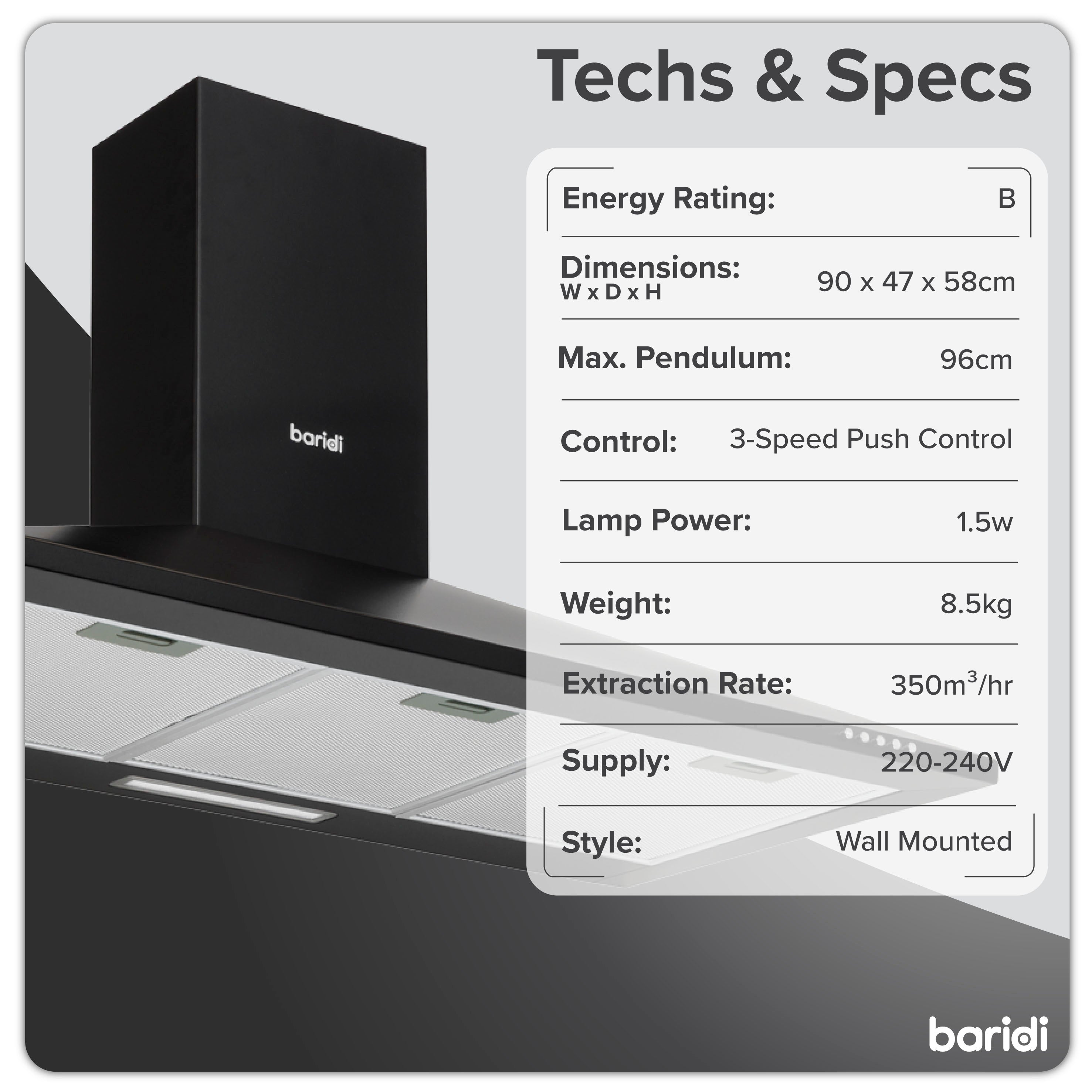 Baridi DH59 Extractor Hoods Action shot - tech - specs