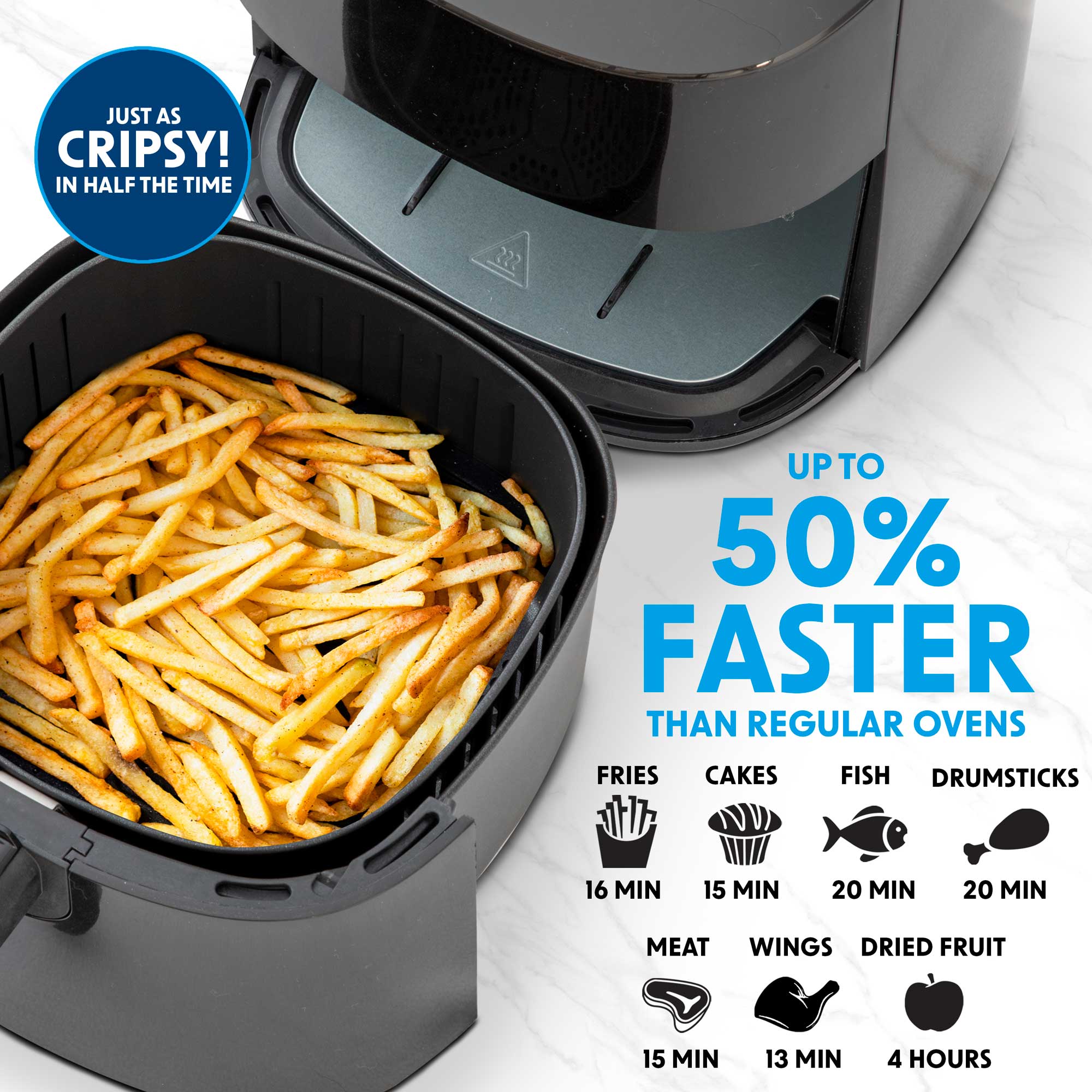 Baridi DH60 Air Fryer Action shot - infographic - 50 - faster