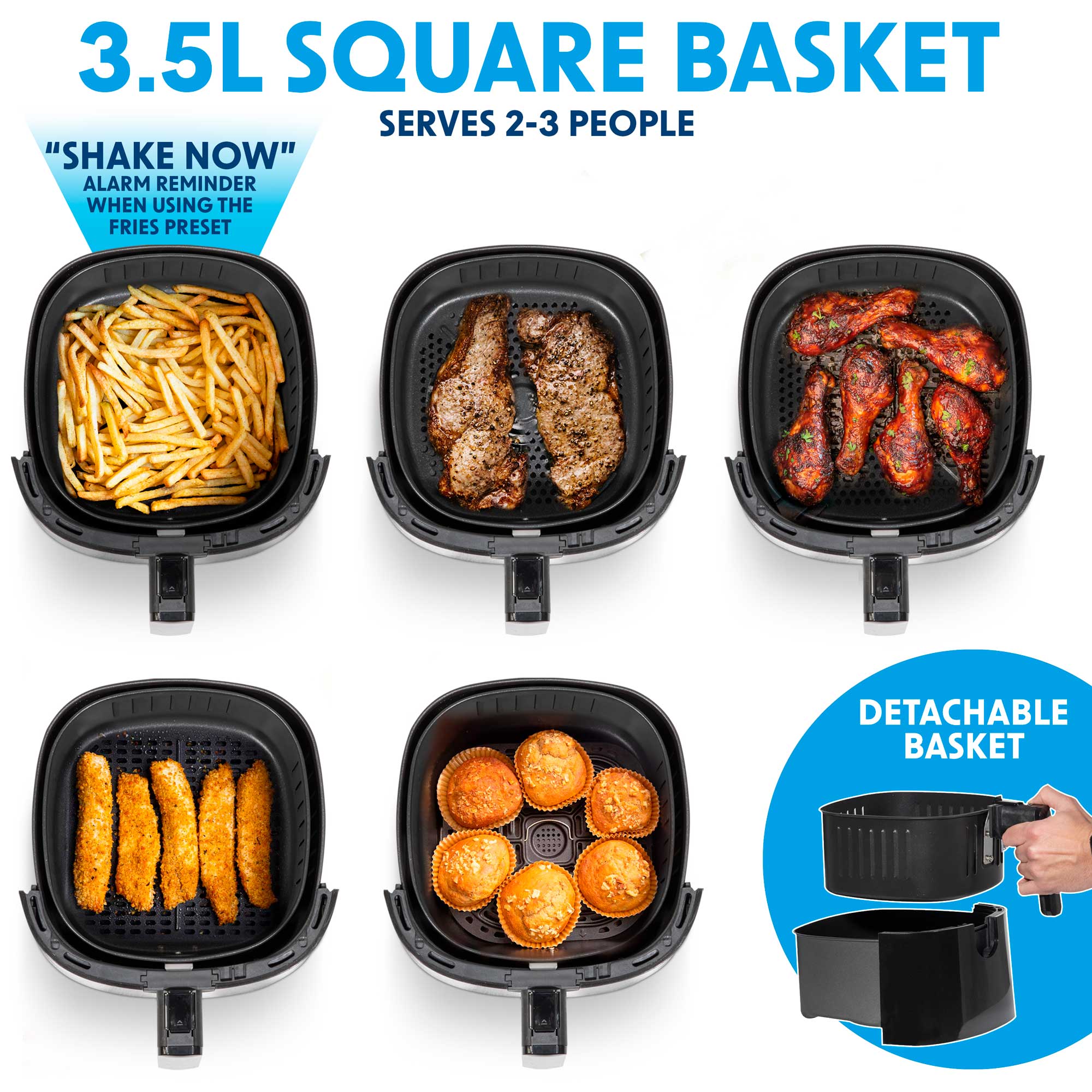 Baridi DH60 Air Fryer Action shot - infographic - basket
